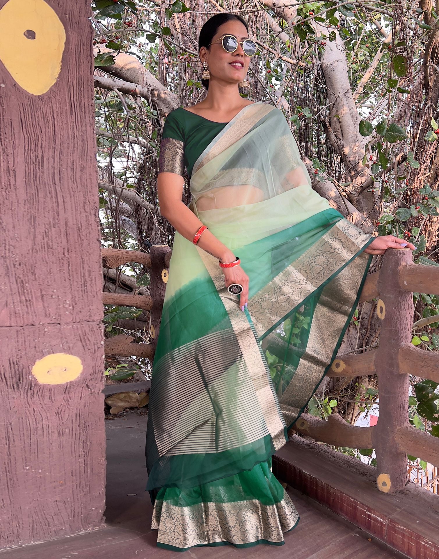 Dark Green Plain Organza Saree