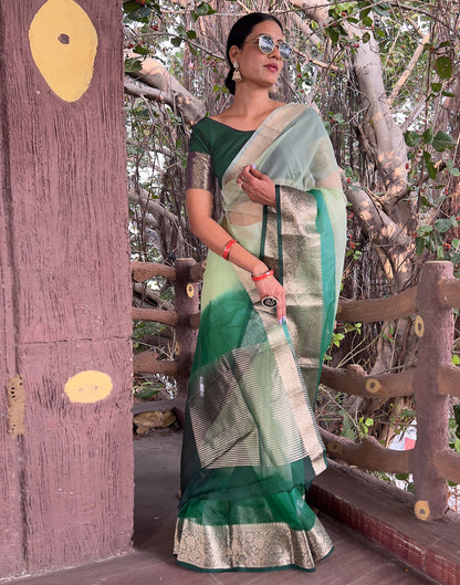 Dark Green Plain Organza Saree