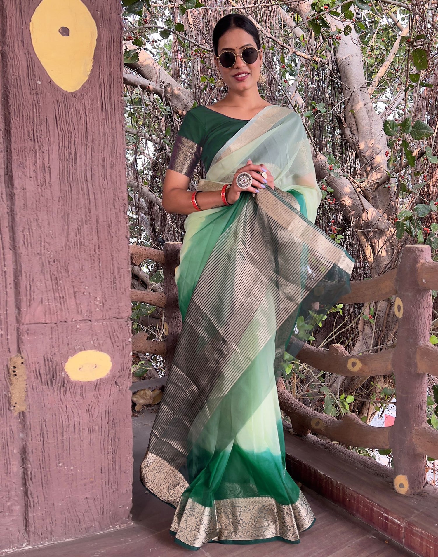 Dark Green Plain Organza Saree