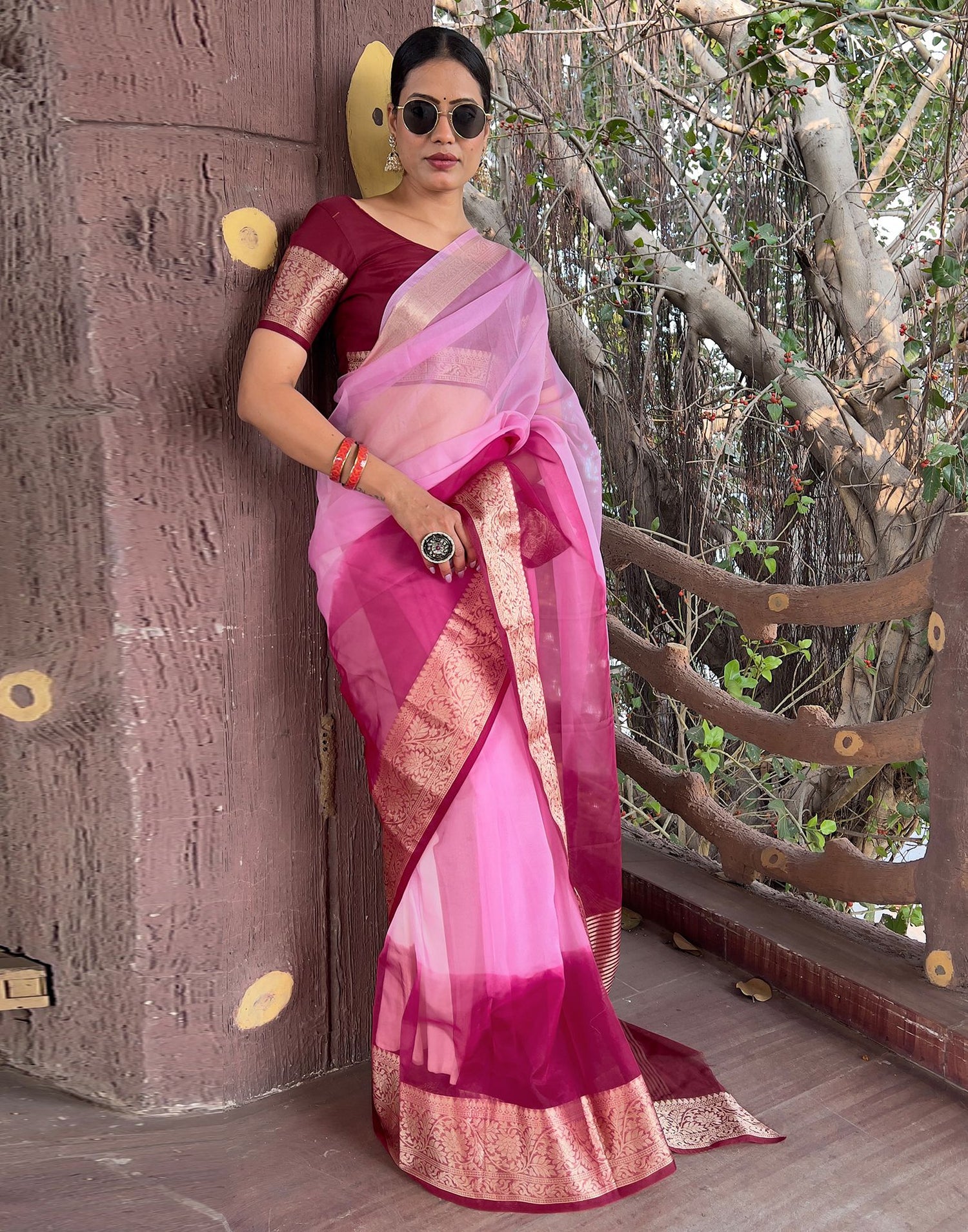 Wine Plain Organza Saree