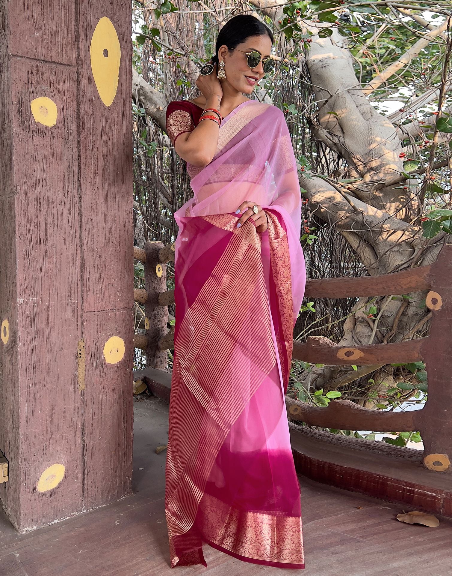 Wine Plain Organza Saree