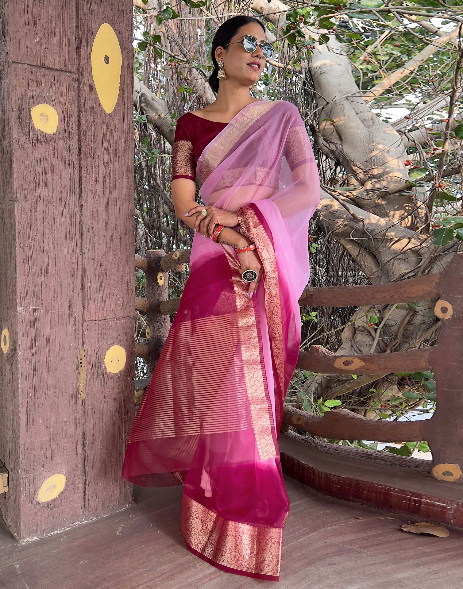 Wine Plain Organza Saree