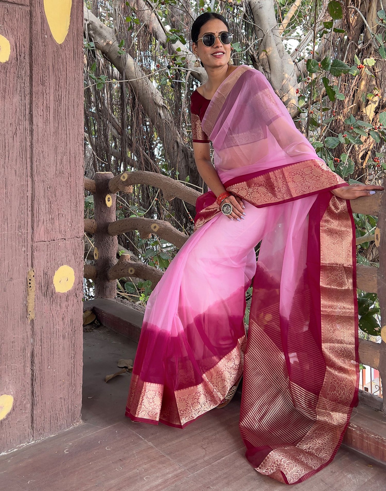 Wine Plain Organza Saree