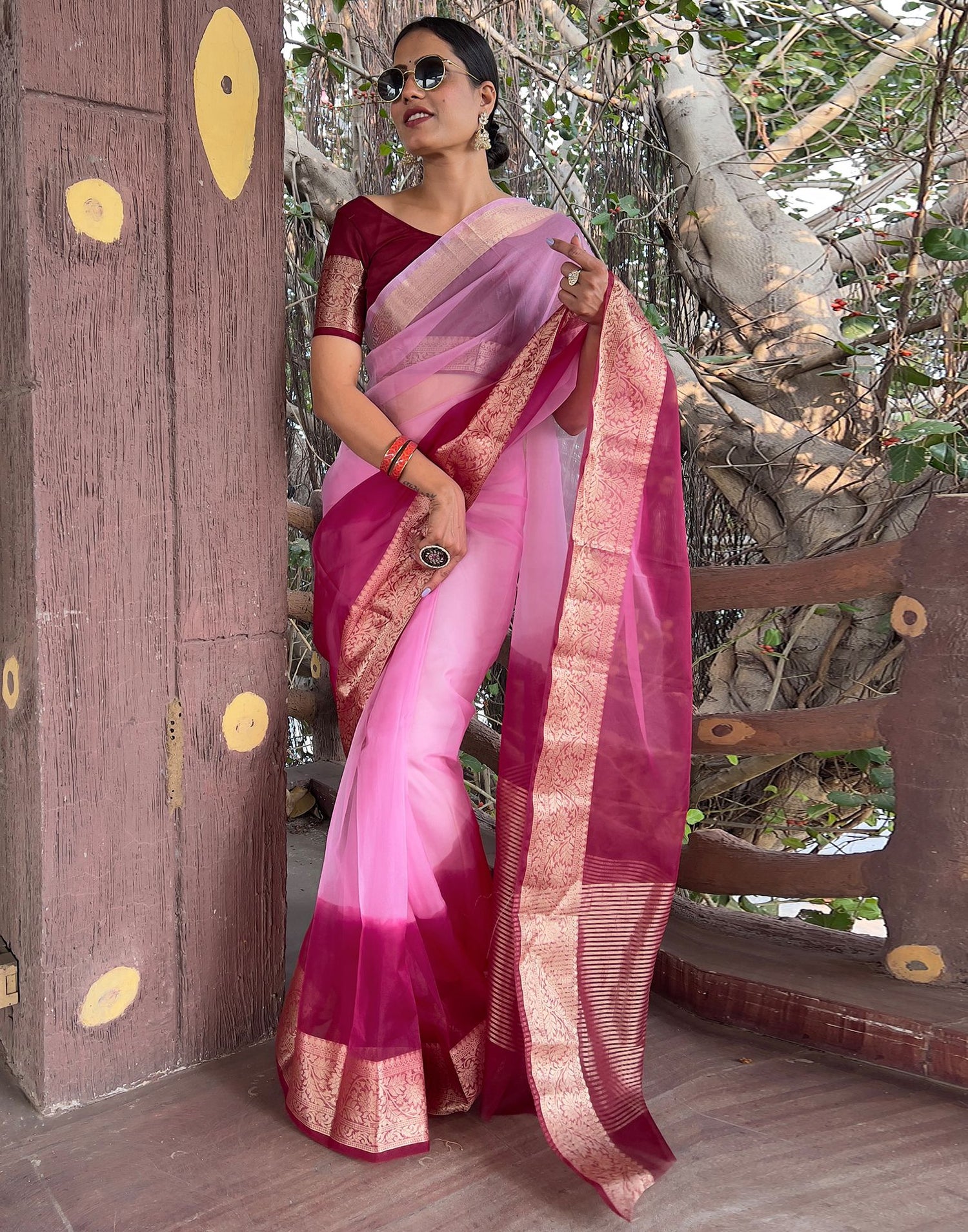 Wine Plain Organza Saree