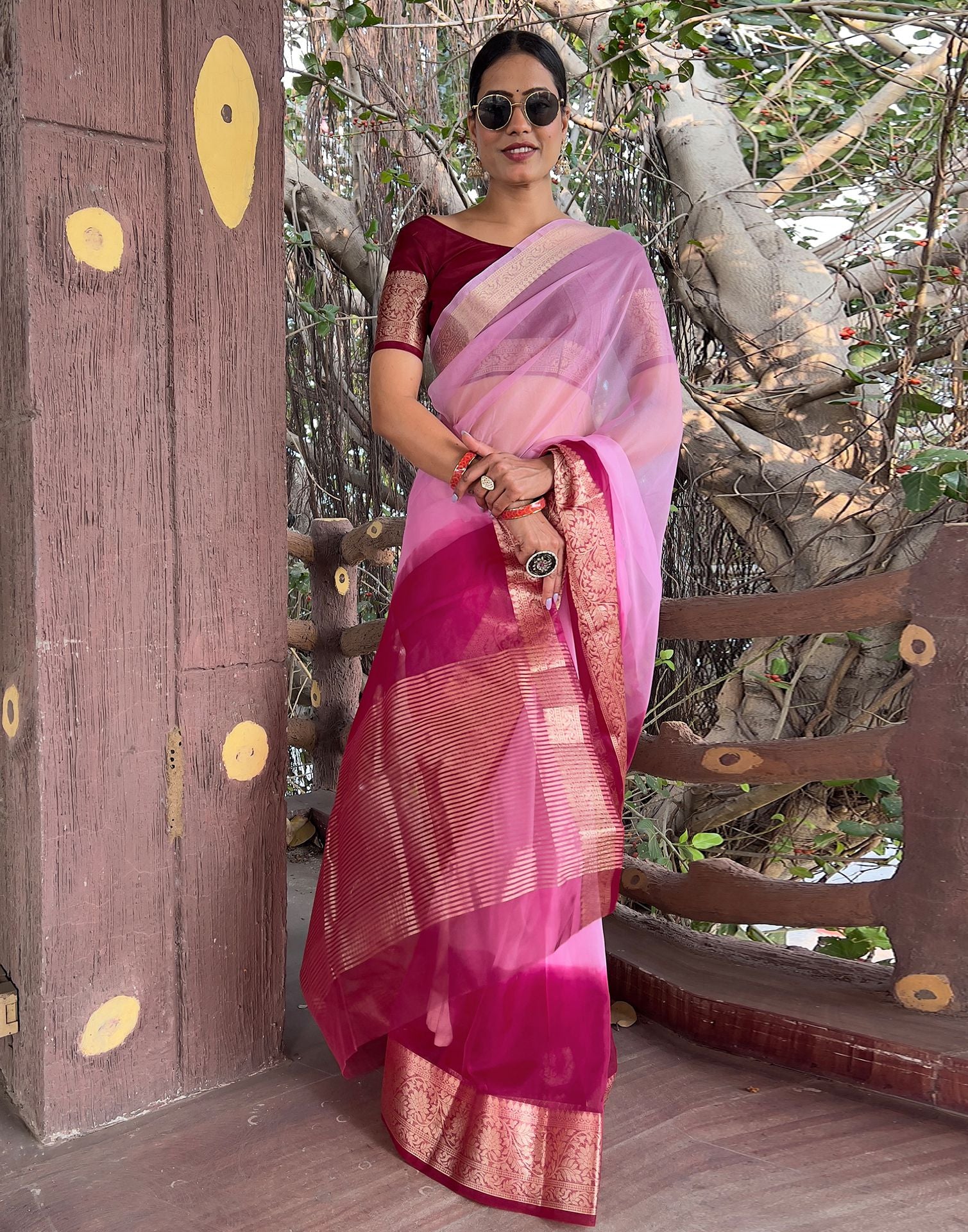 Wine Plain Organza Saree