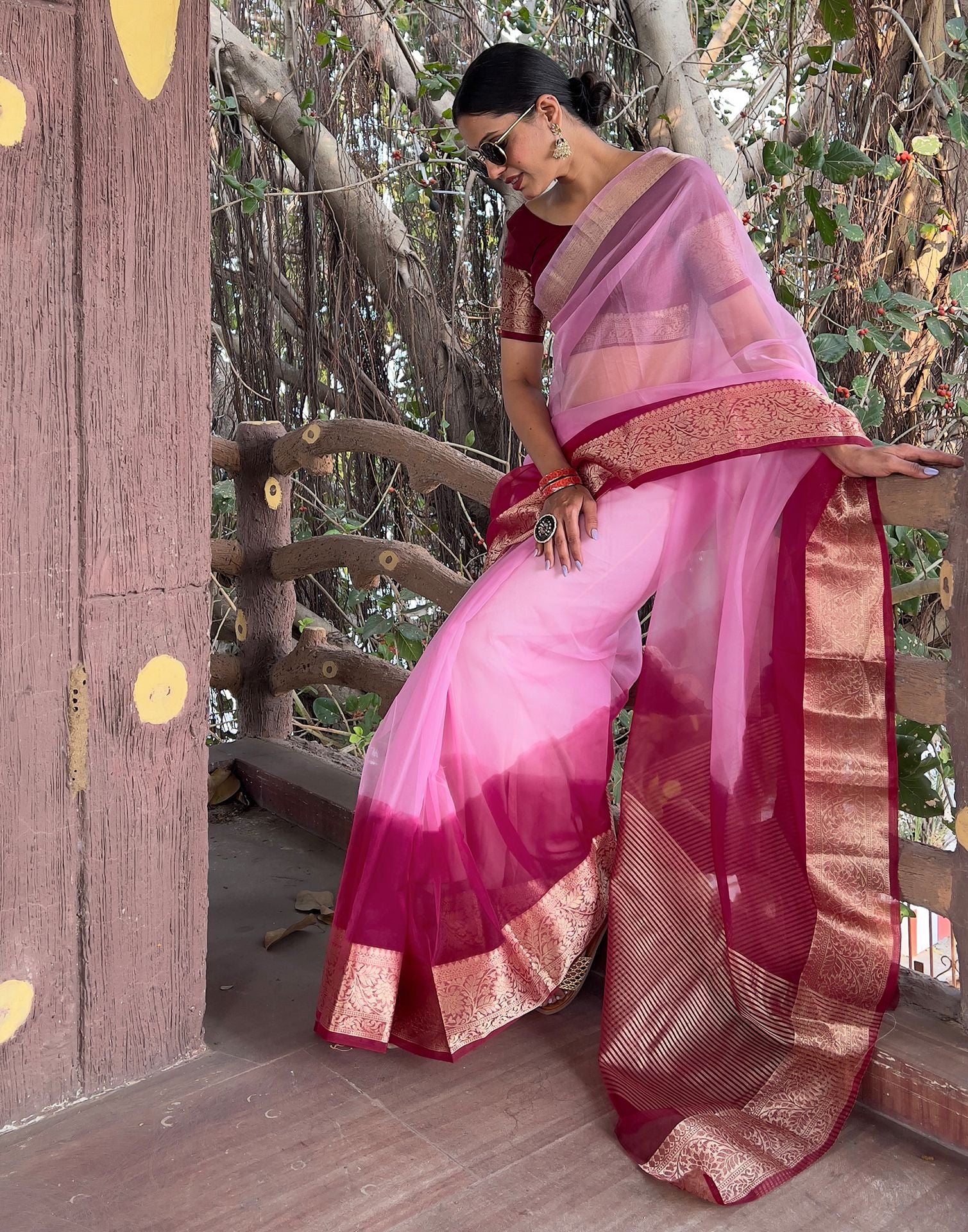 Wine Plain Organza Saree