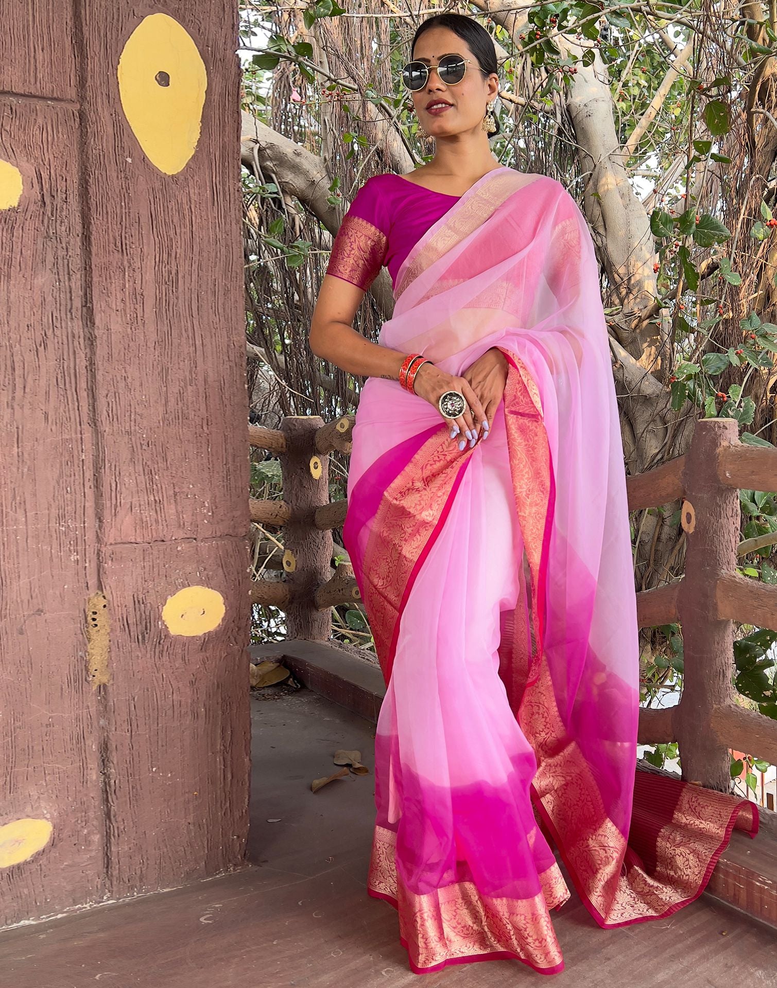 Dark Pink Plain Organza Saree