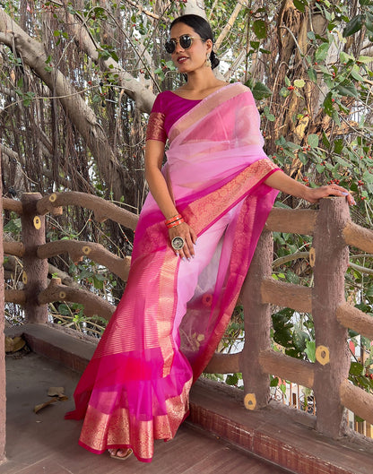 Dark Pink Plain Organza Saree