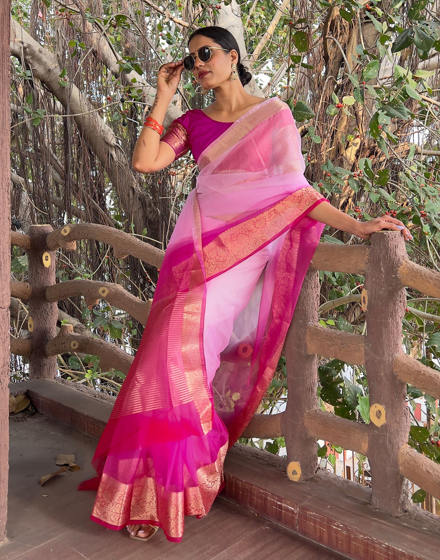 Dark Pink Plain Organza Saree