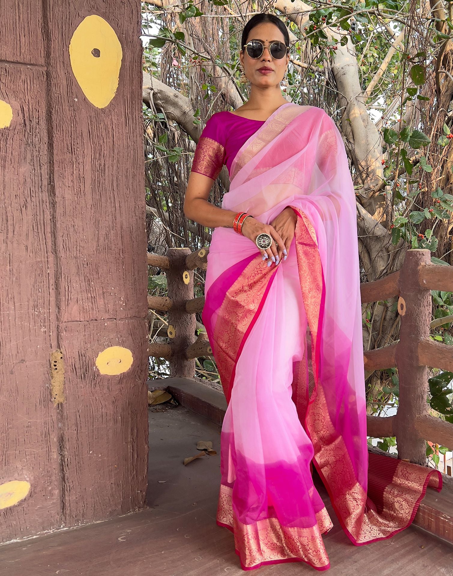 Dark Pink Plain Organza Saree