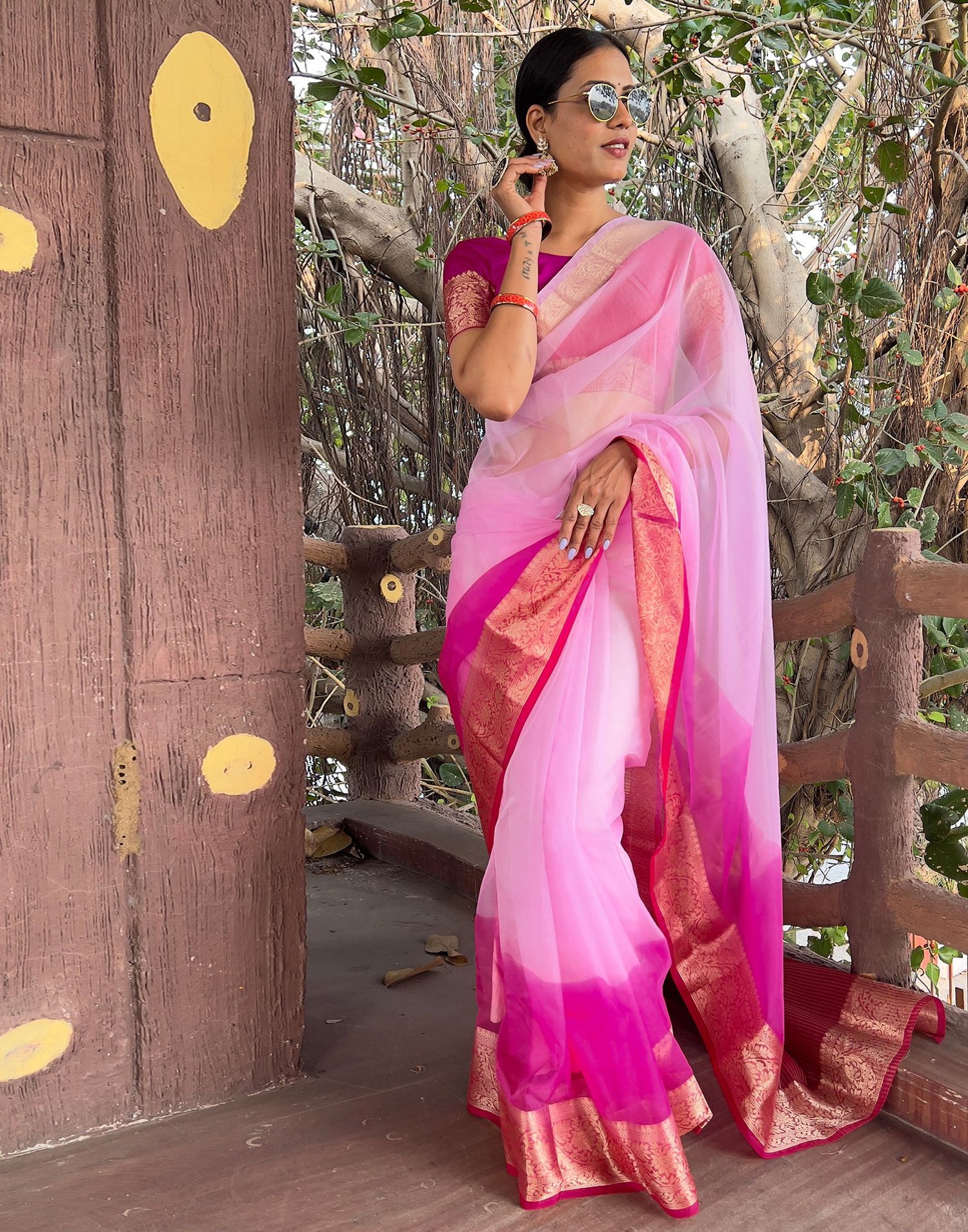 Dark Pink Plain Organza Saree