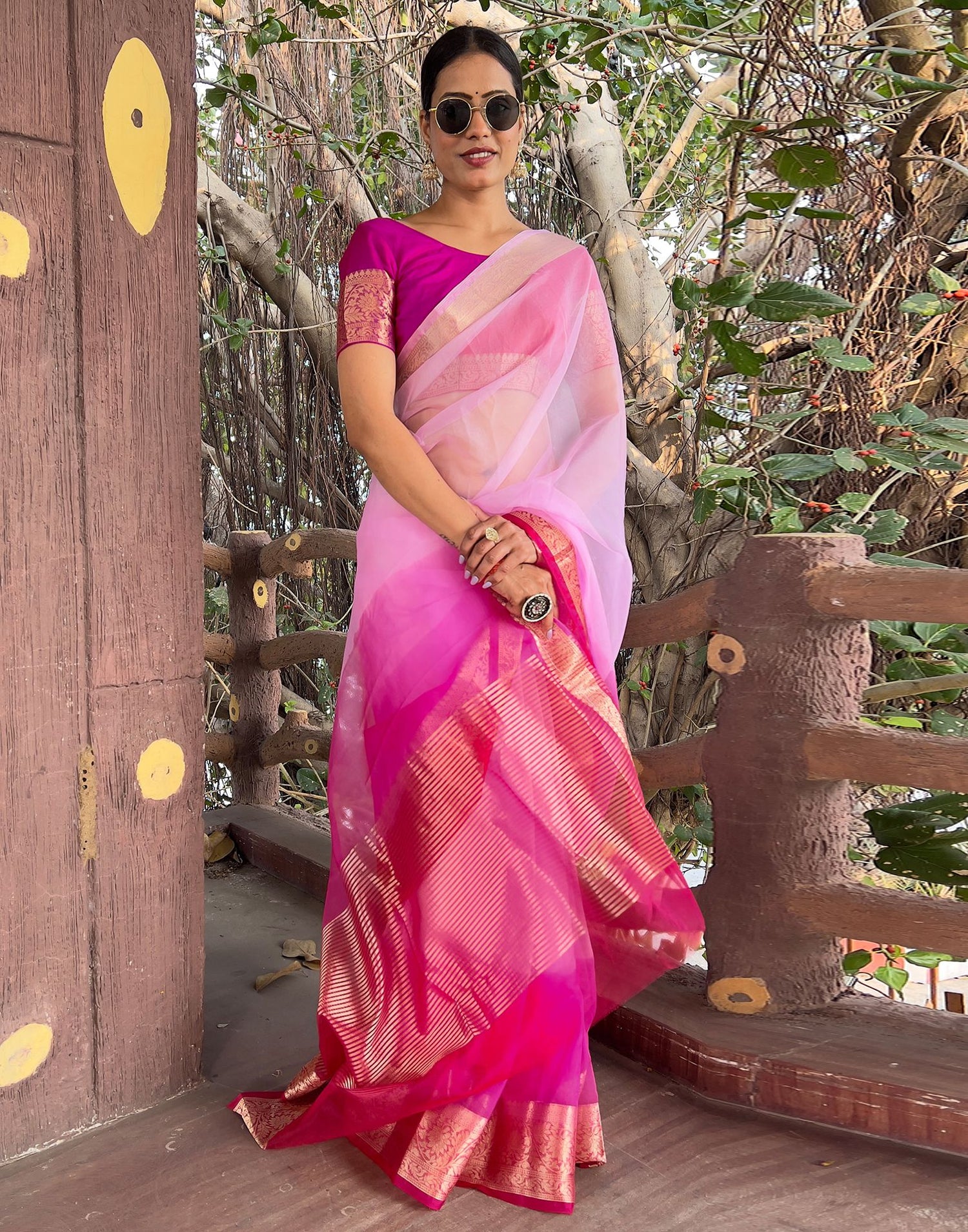 Dark Pink Plain Organza Saree