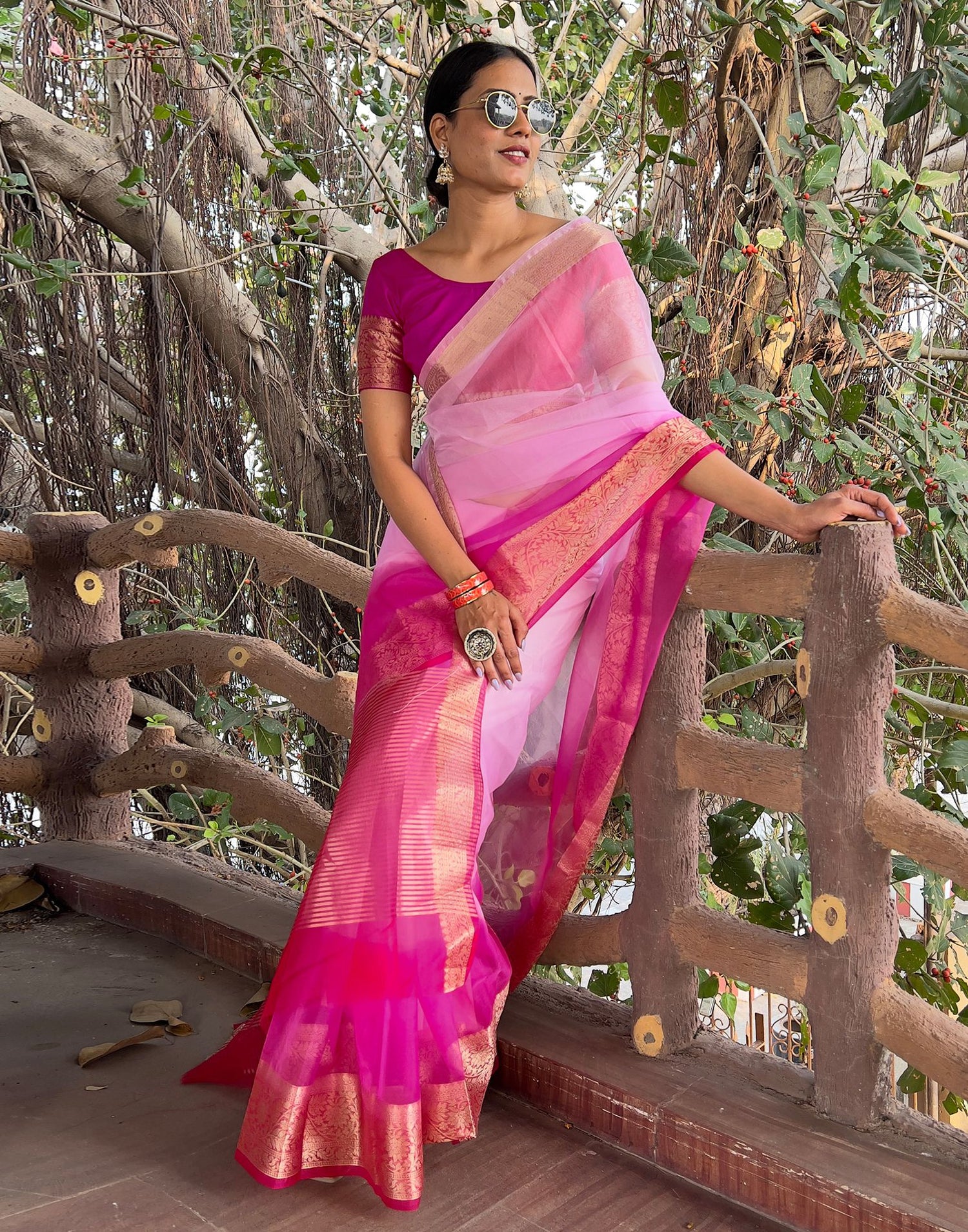 Dark Pink Plain Organza Saree