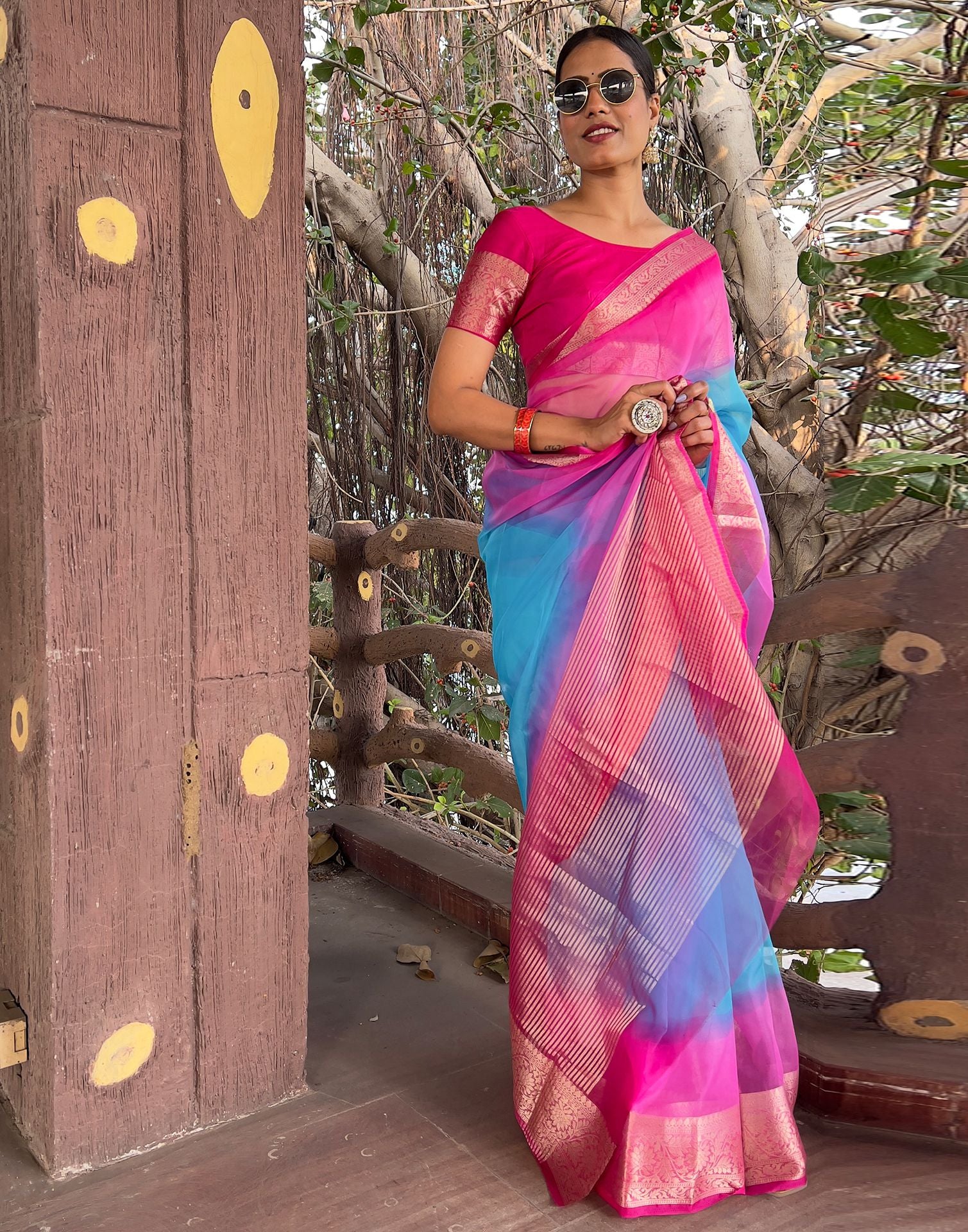 Rani Pink Plain Organza Saree