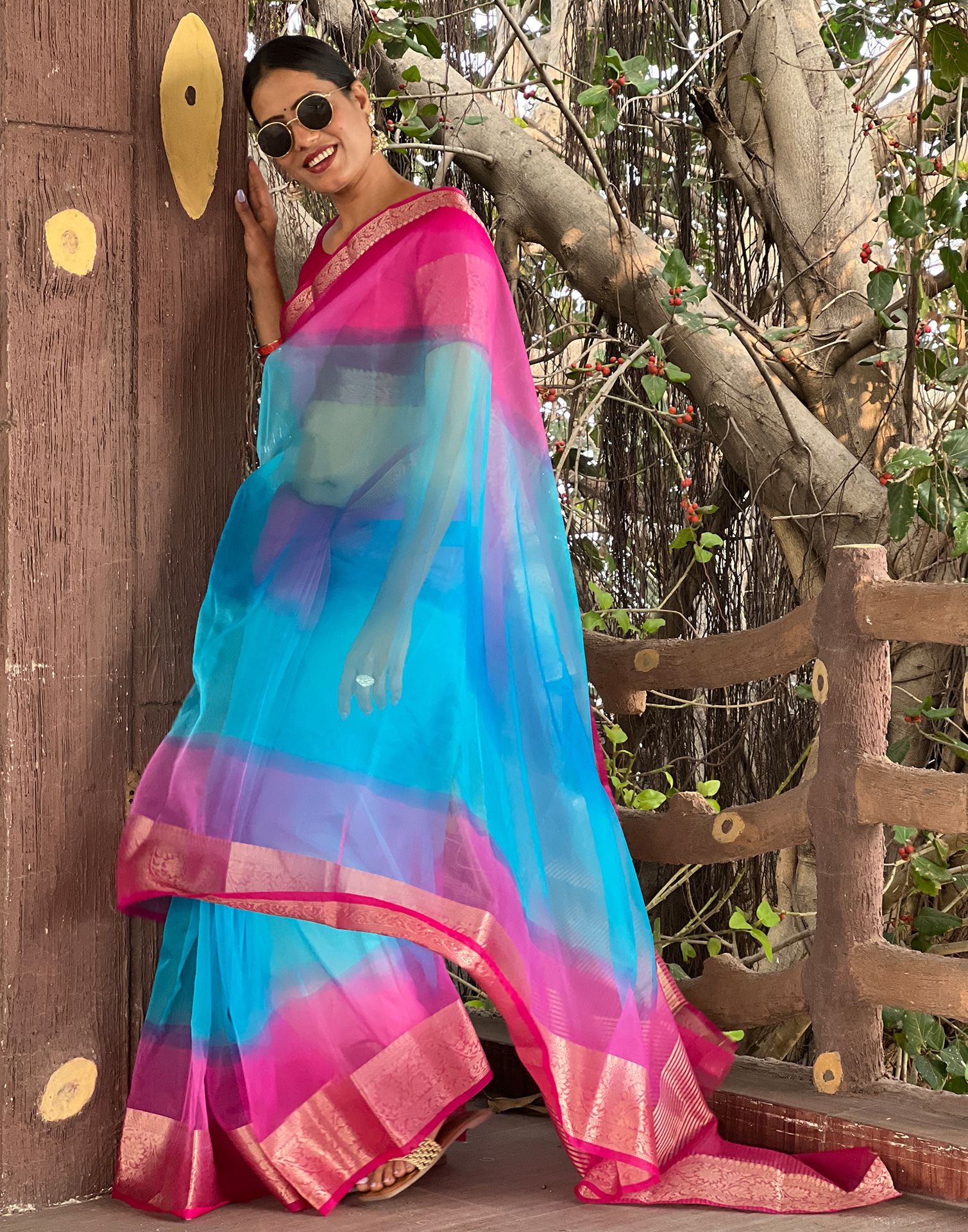 Rani Pink Plain Organza Saree