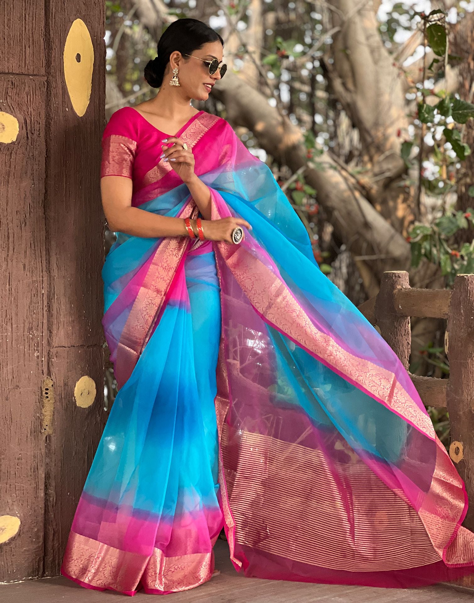 Rani Pink Plain Organza Saree