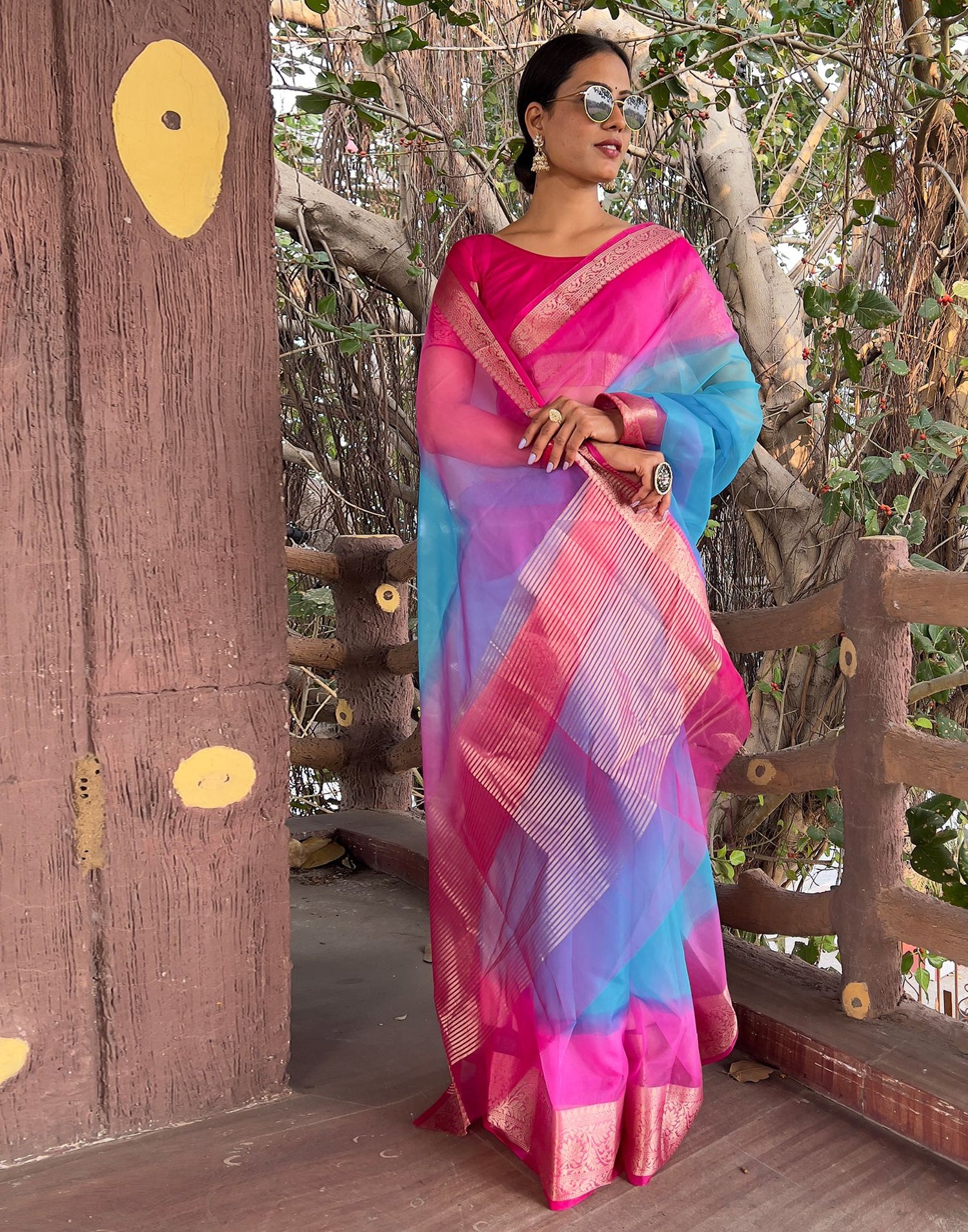 Rani Pink Plain Organza Saree