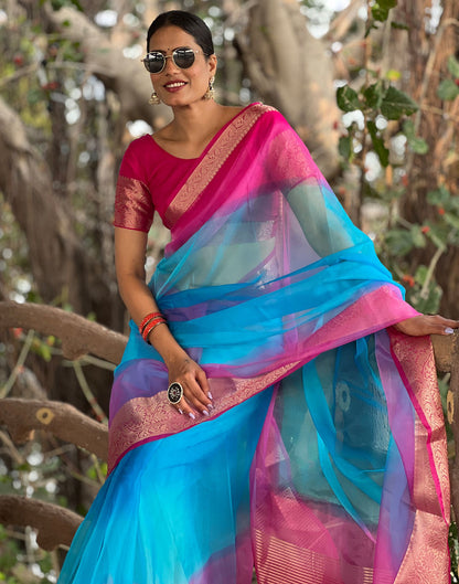 Rani Pink Plain Organza Saree