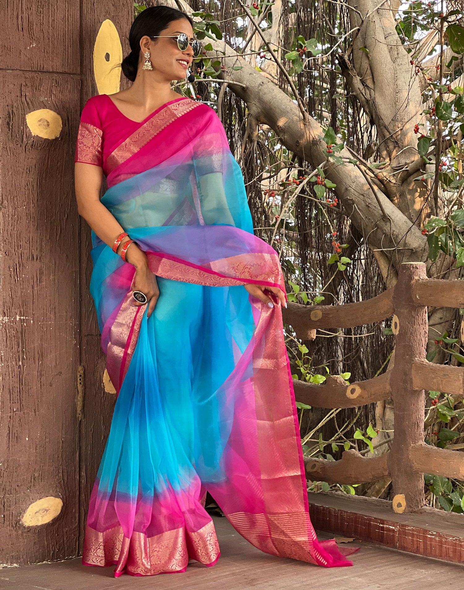 Rani Pink Plain Organza Saree