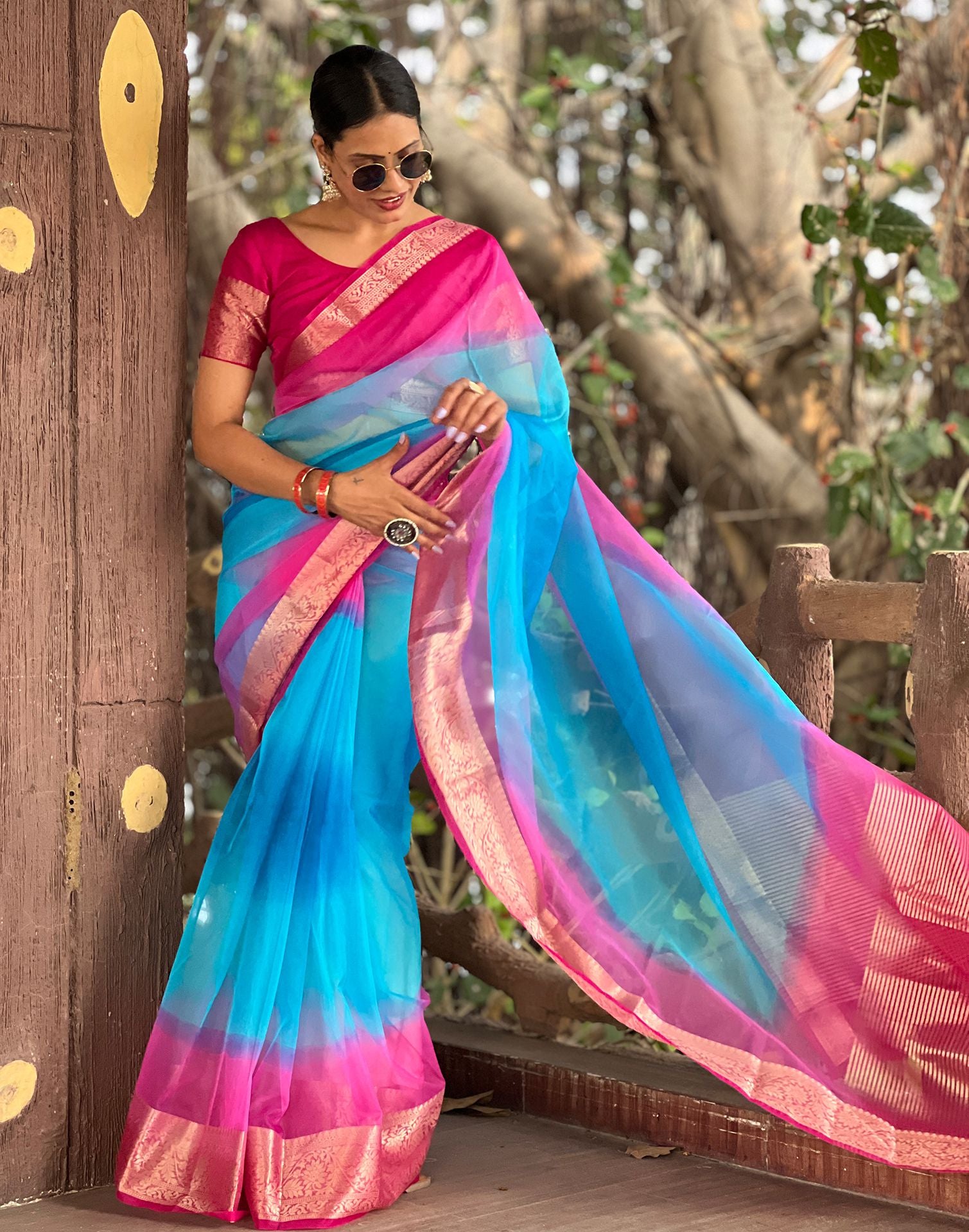 Rani Pink Plain Organza Saree