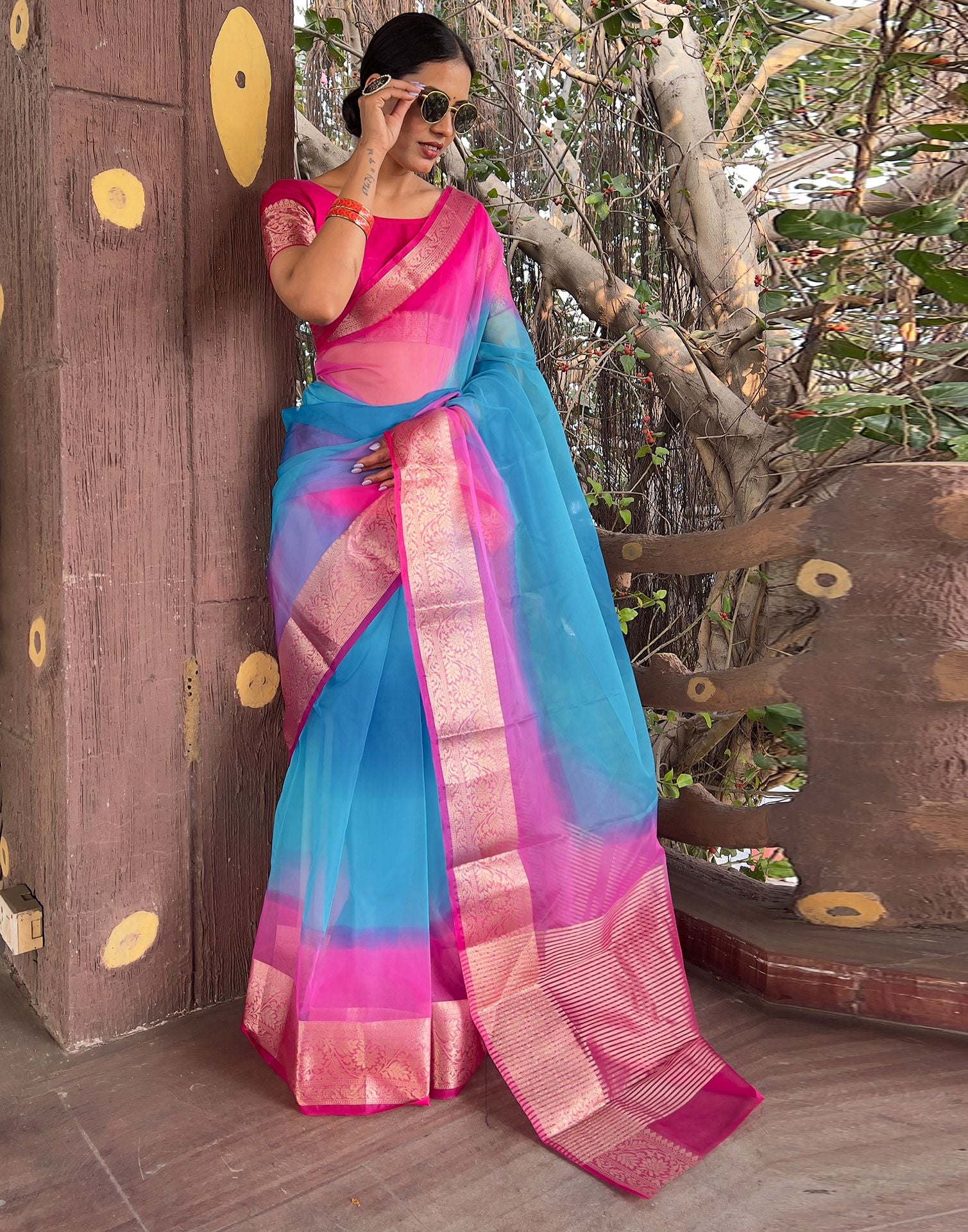 Rani Pink Plain Organza Saree