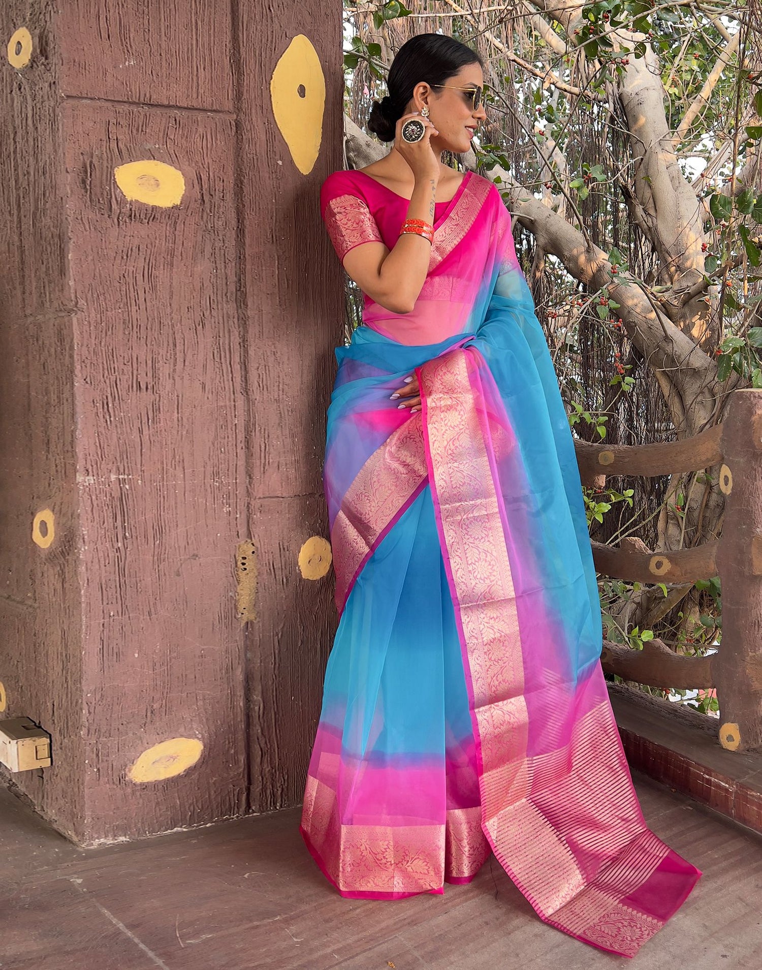 Rani Pink Plain Organza Saree