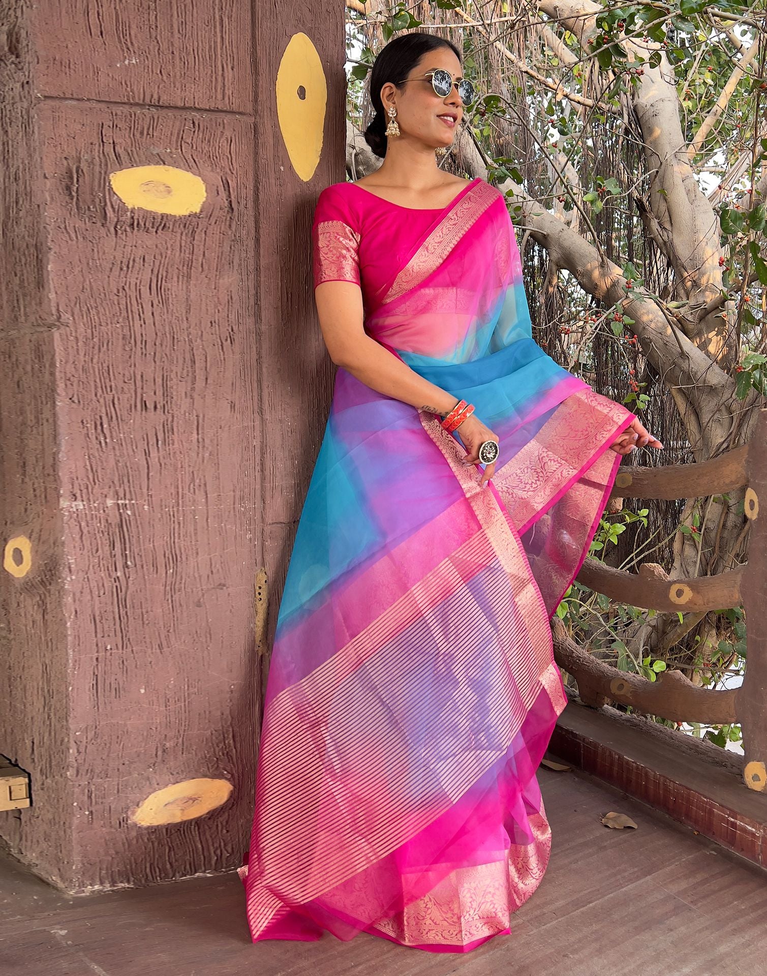 Rani Pink Plain Organza Saree