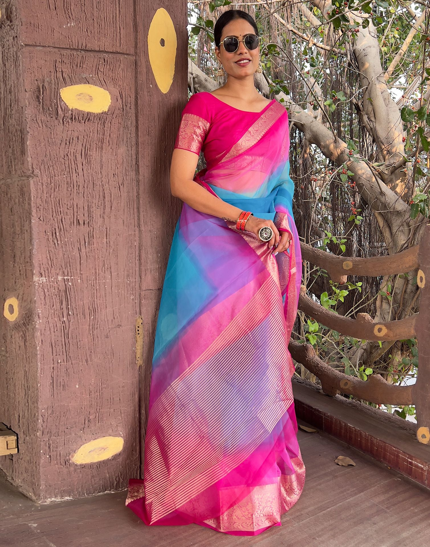 Rani Pink Plain Organza Saree