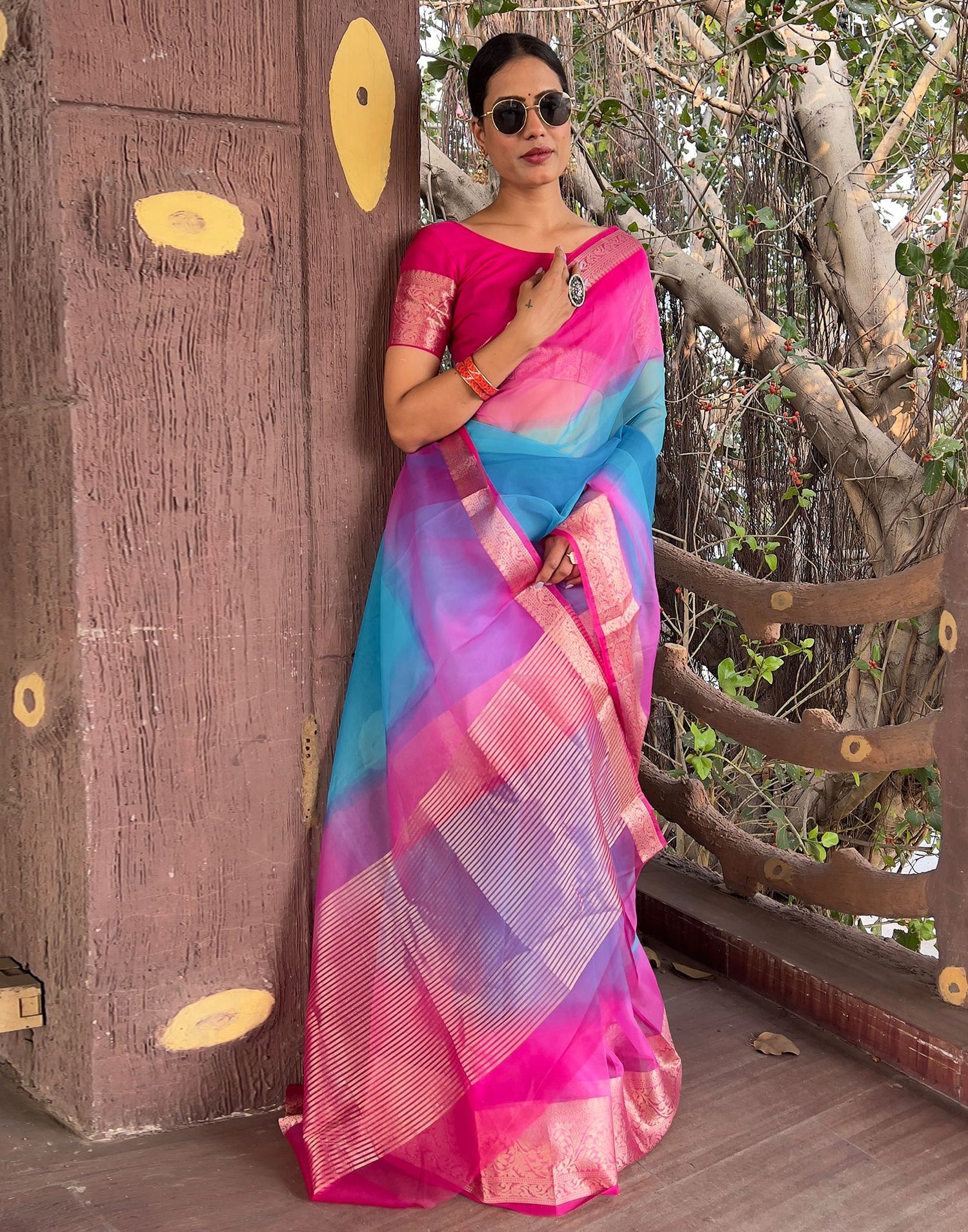 Rani Pink Plain Organza Saree