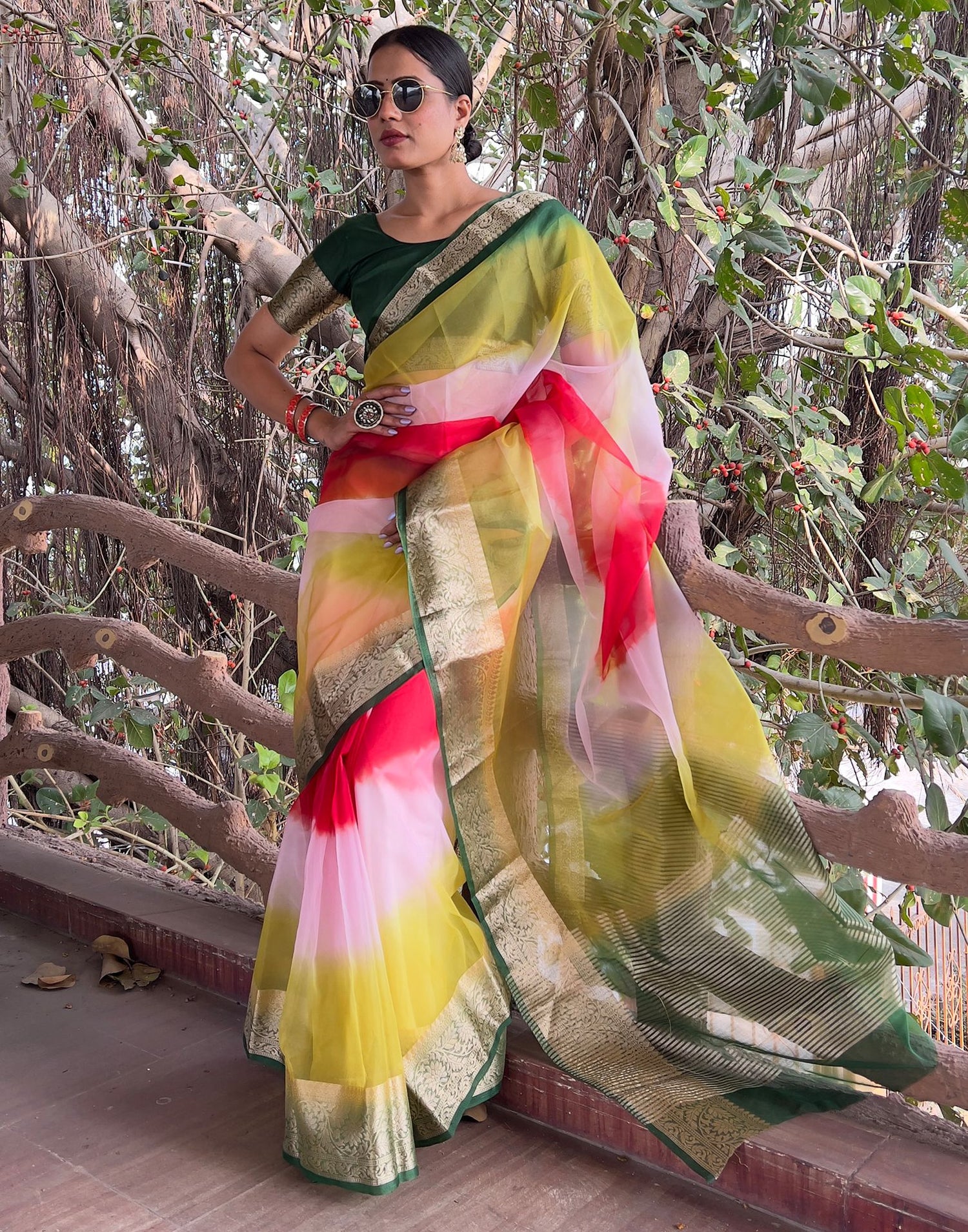 Multicoloured Plain Organza Saree