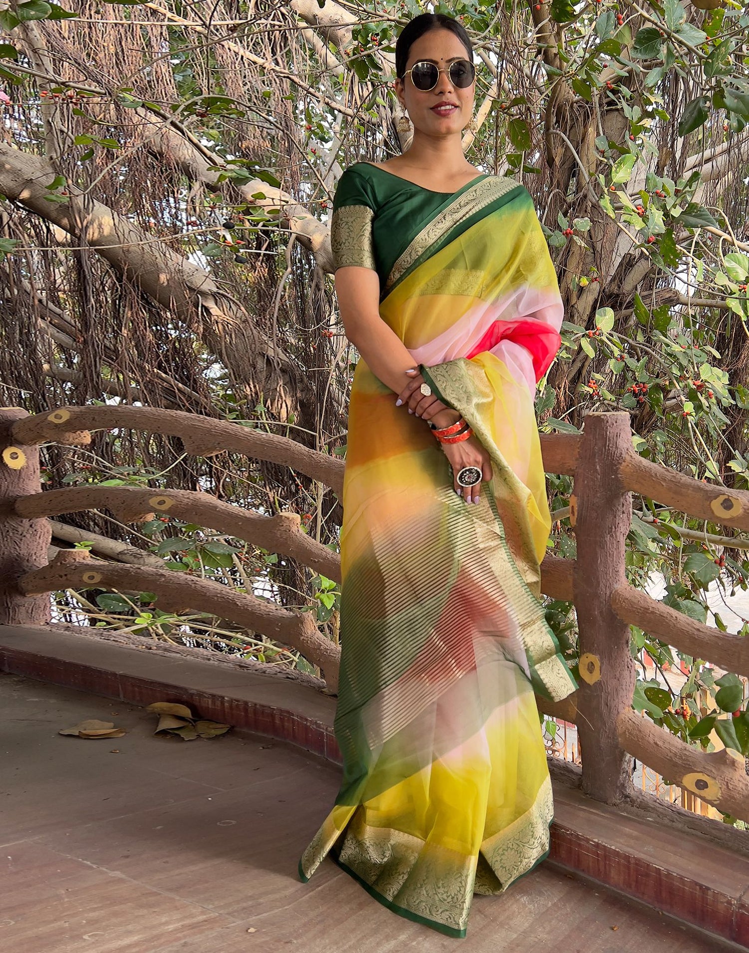 Multicoloured Plain Organza Saree