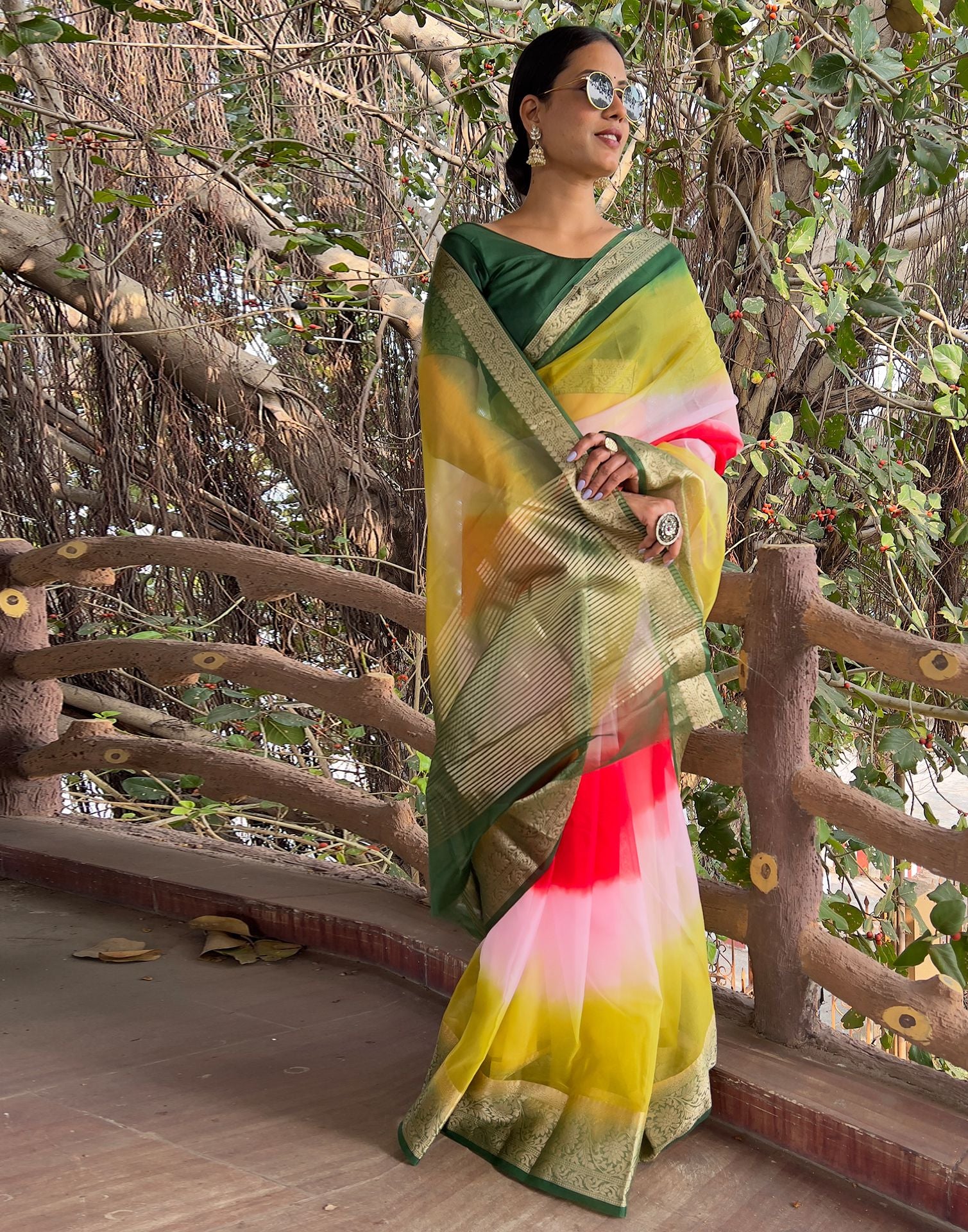 Multicoloured Plain Organza Saree