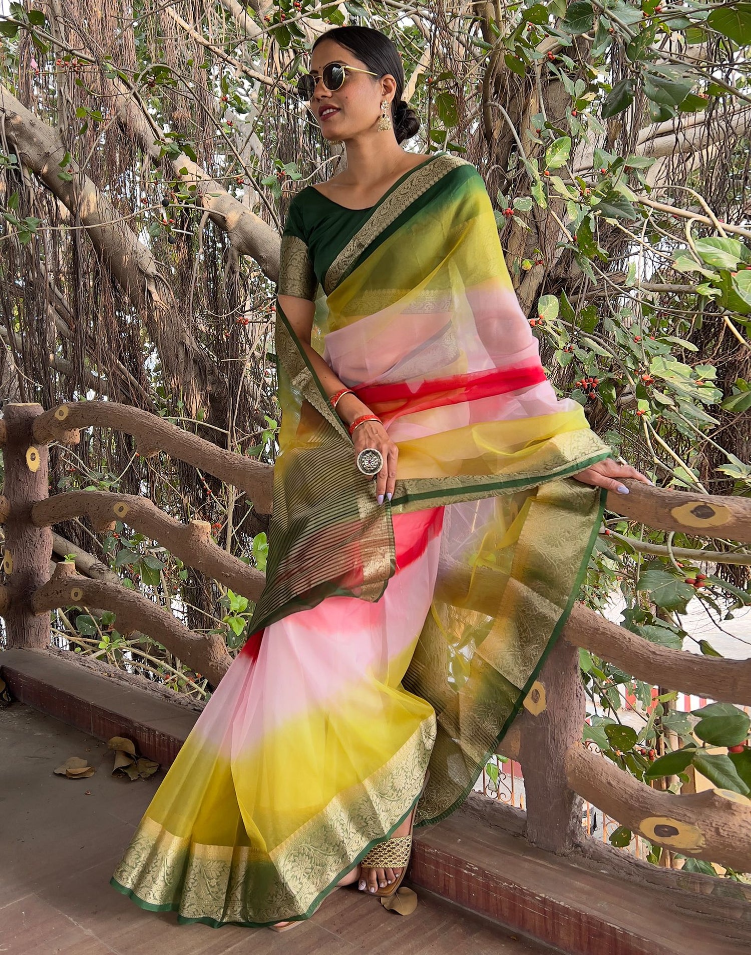 Multicoloured Plain Organza Saree