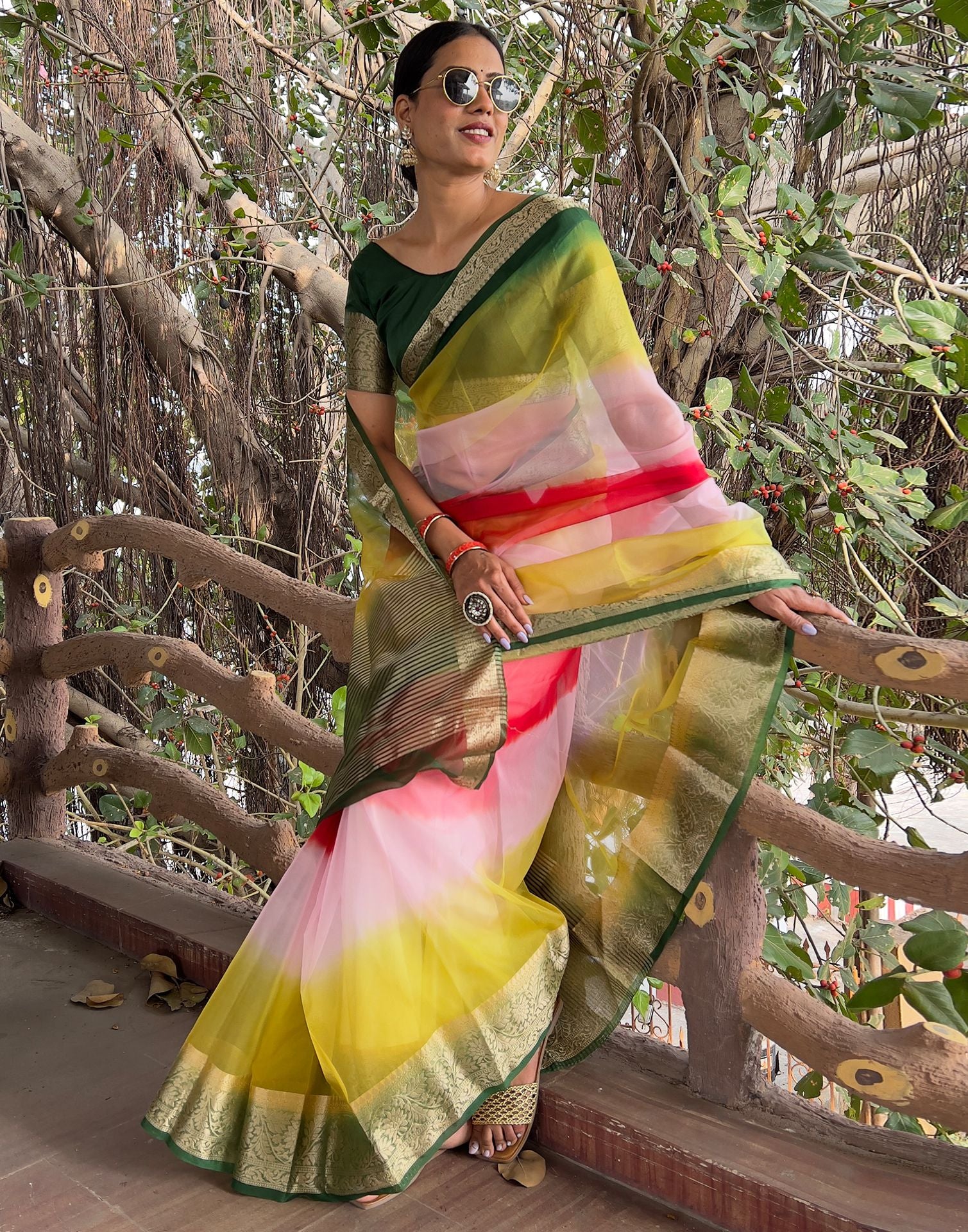 Multicoloured Plain Organza Saree