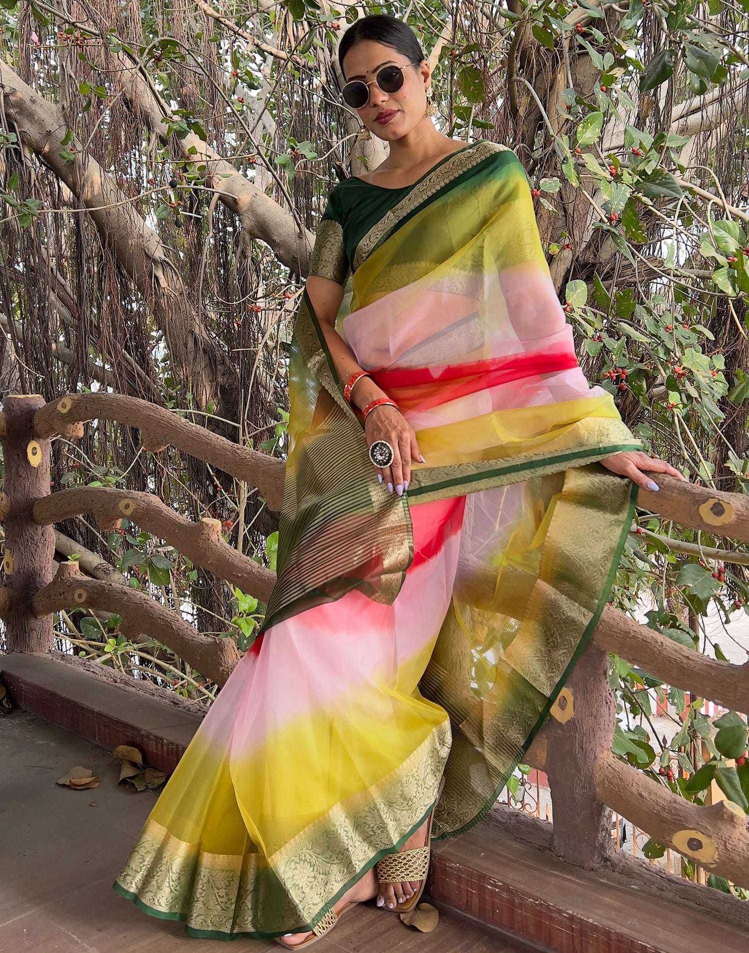 Multicoloured Plain Organza Saree