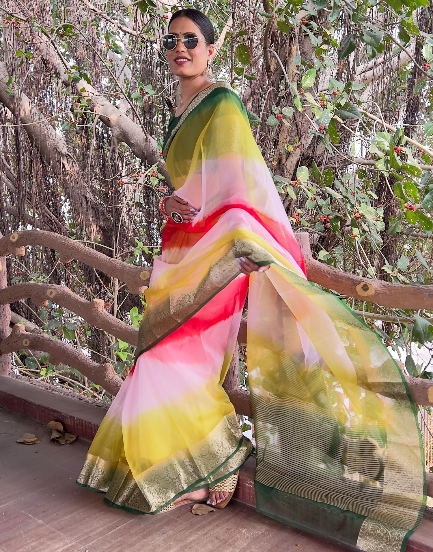 Multicoloured Plain Organza Saree