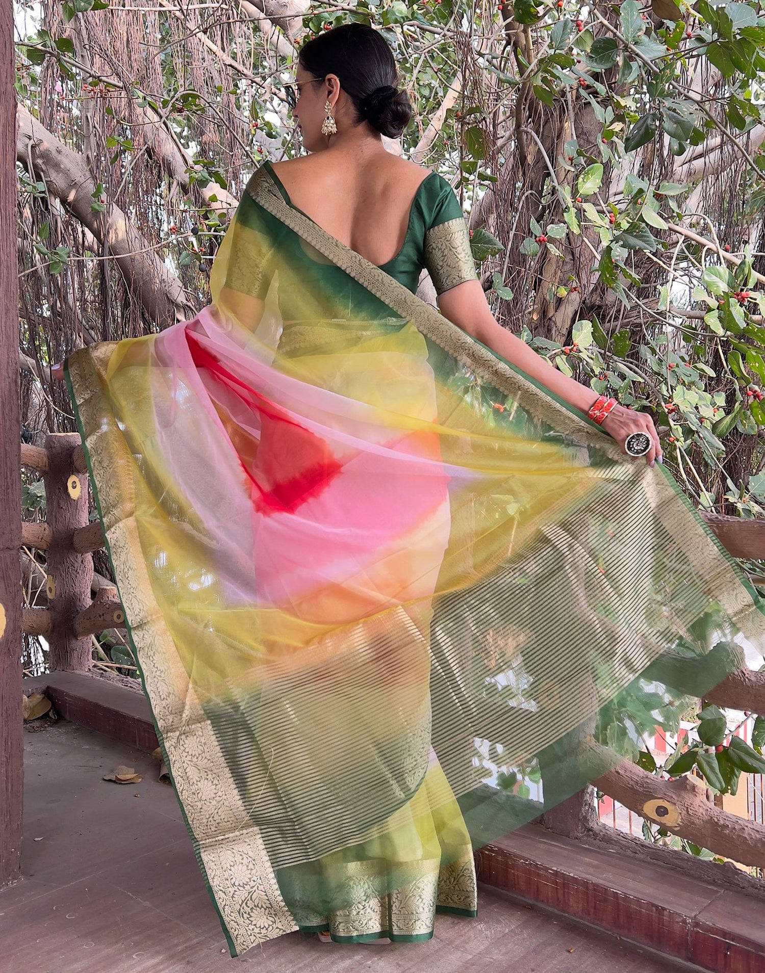 Multicoloured Plain Organza Saree