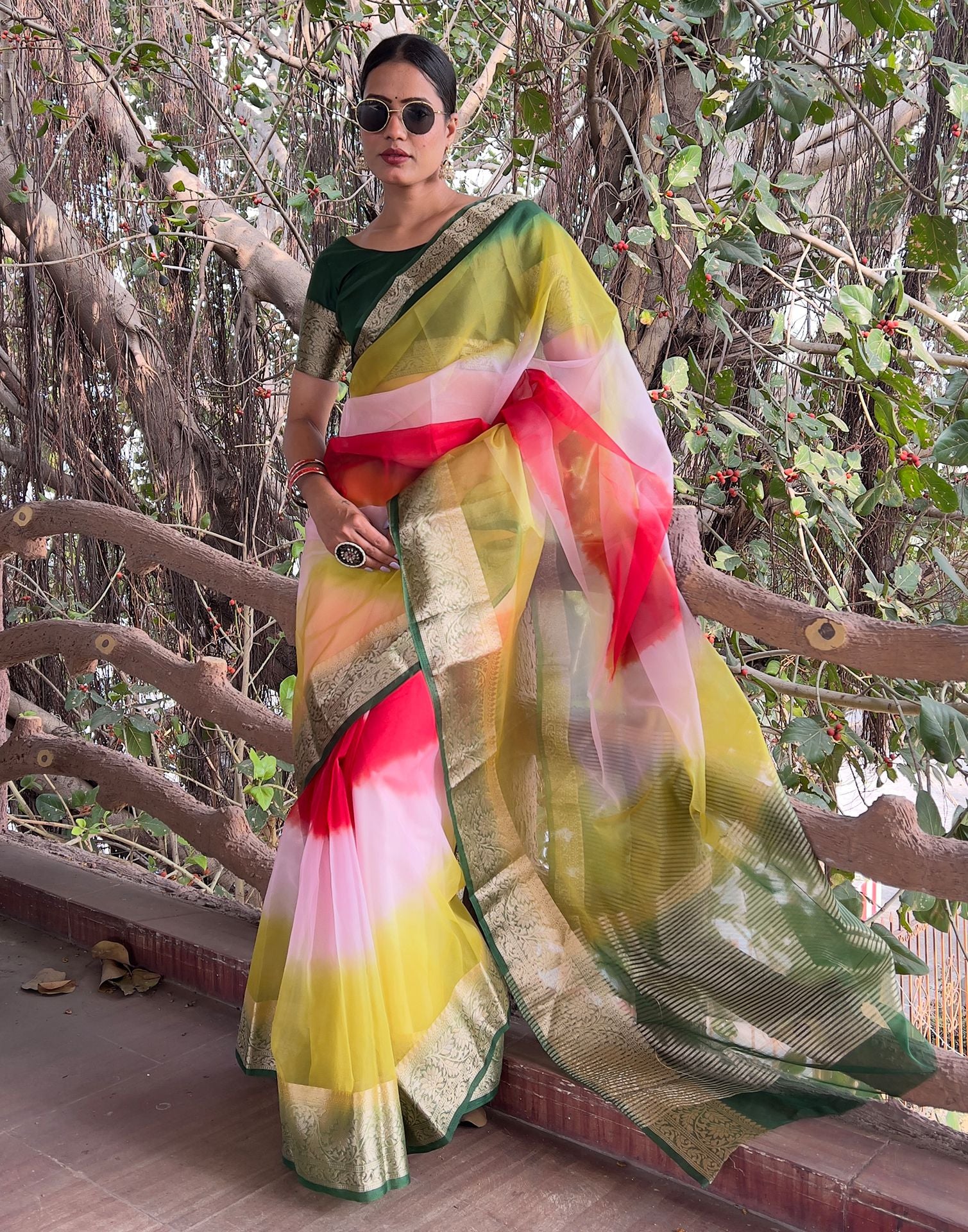 Multicoloured Plain Organza Saree