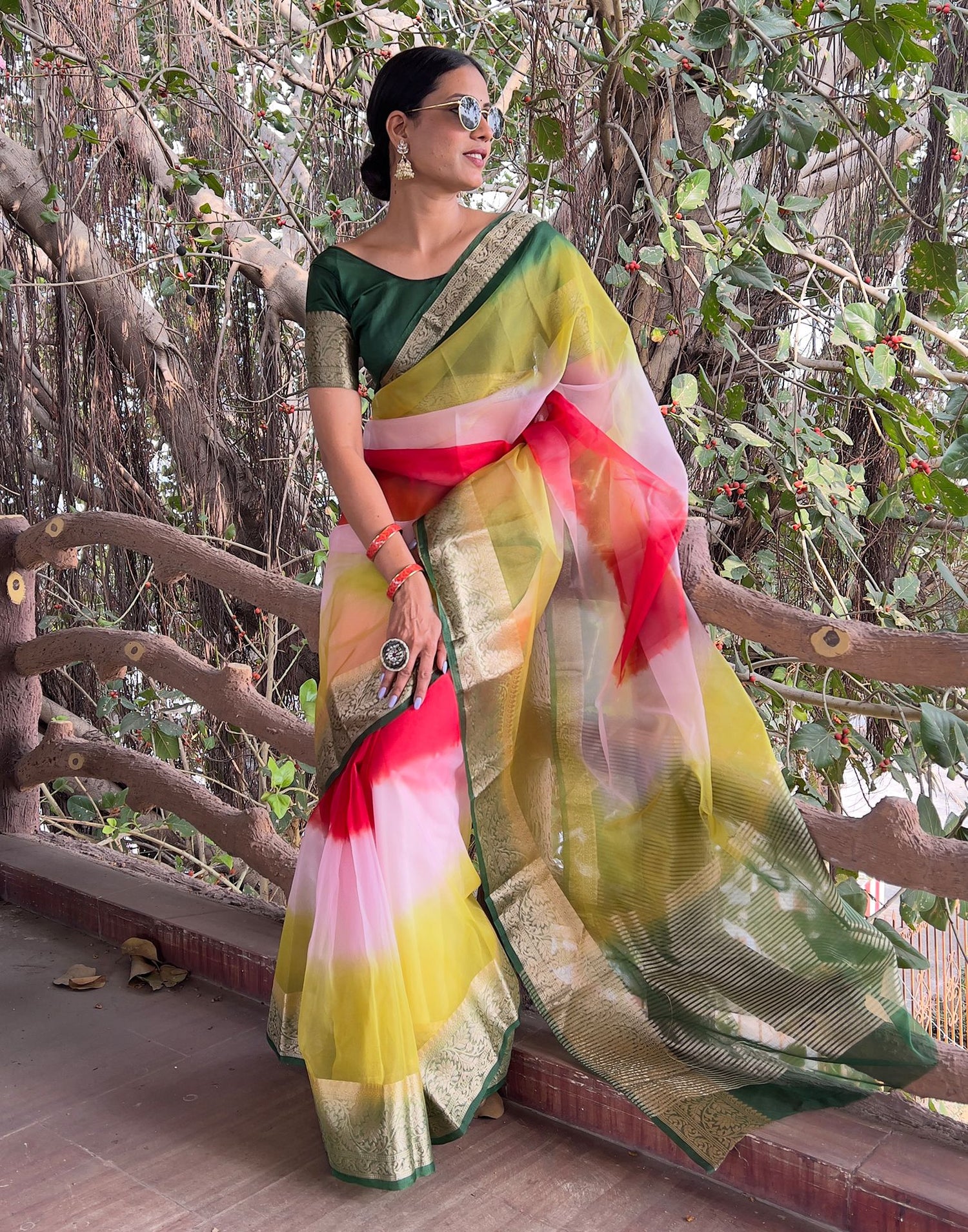 Multicoloured Plain Organza Saree