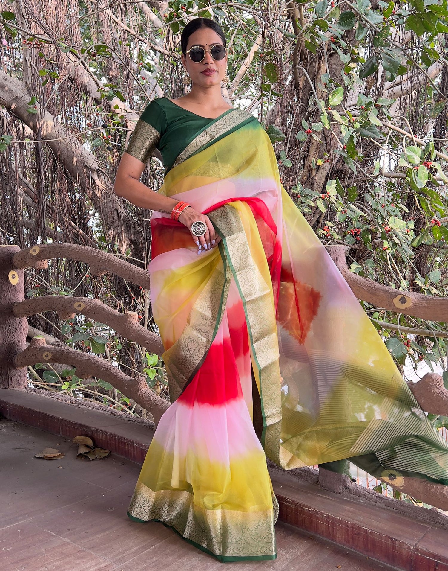 Multicoloured Plain Organza Saree