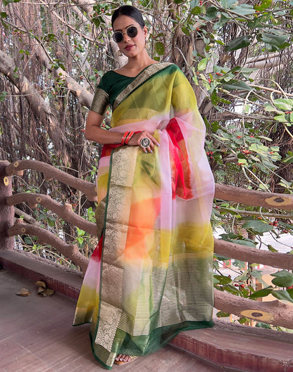 Multicoloured Plain Organza Saree