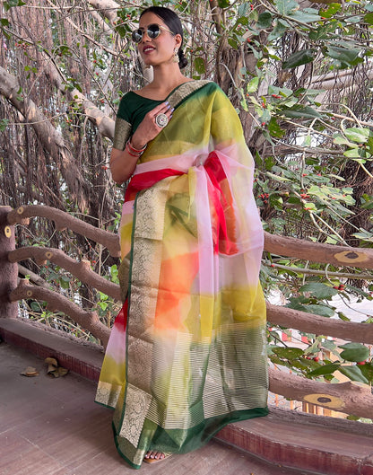 Multicoloured Plain Organza Saree