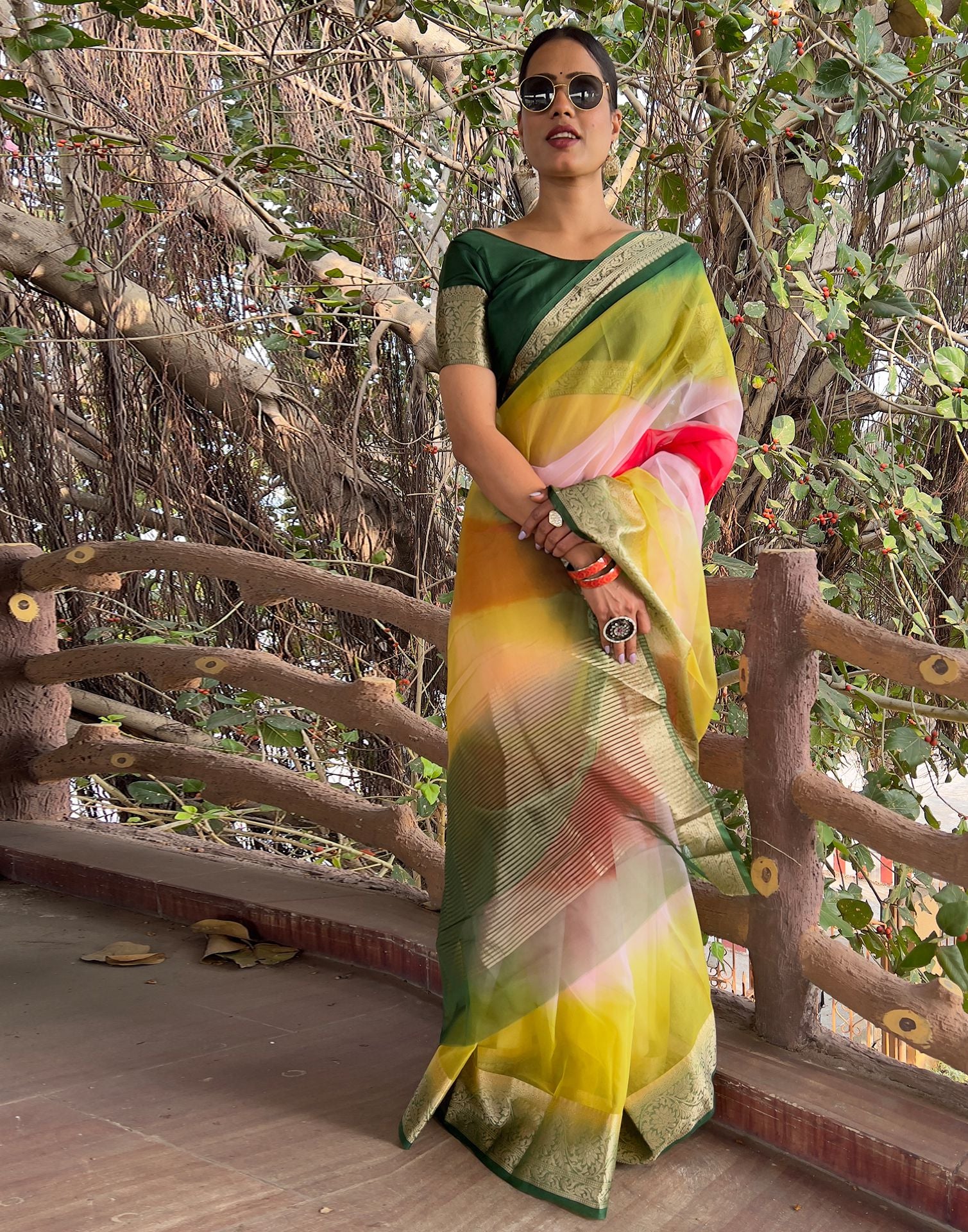 Multicoloured Plain Organza Saree