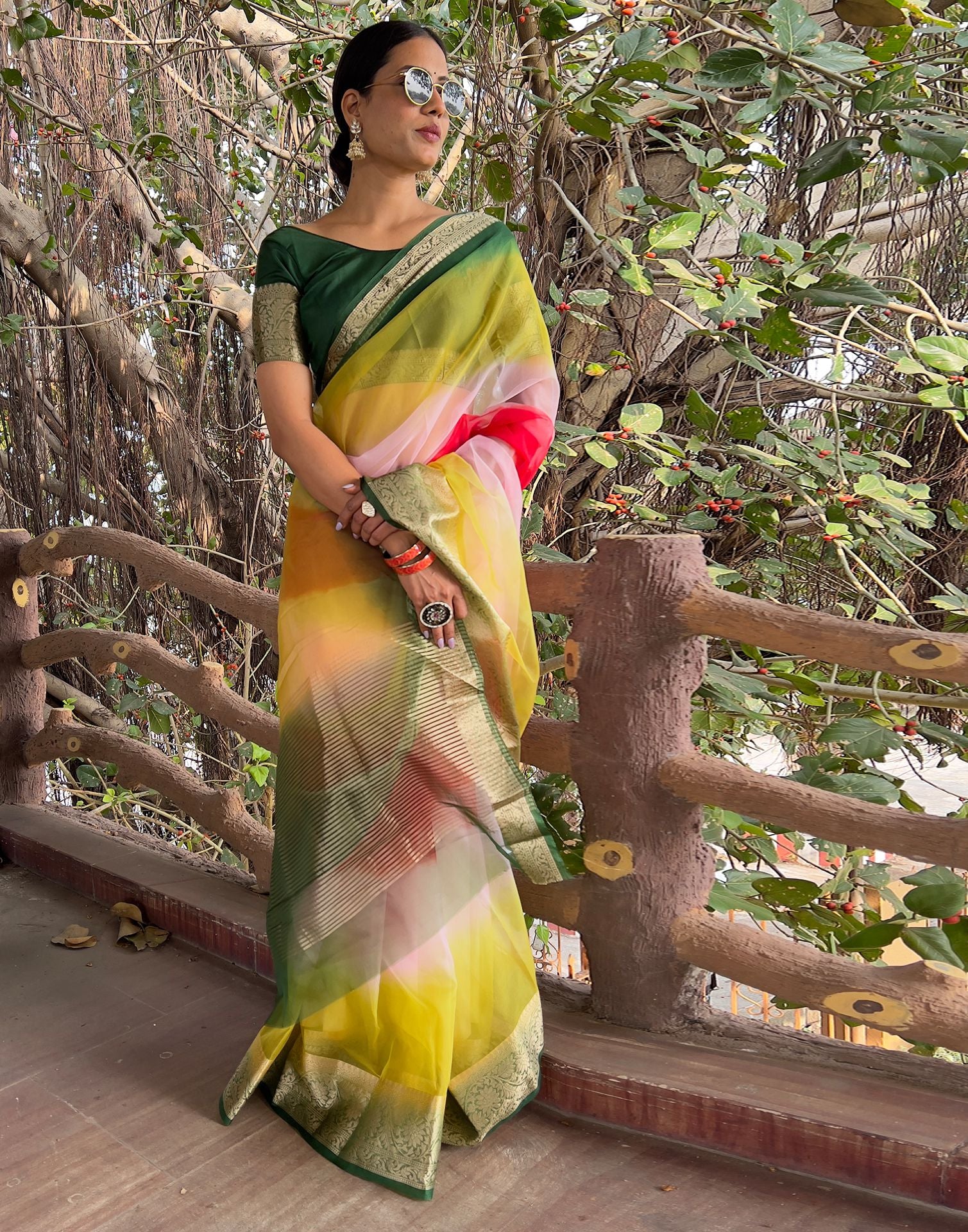 Multicoloured Plain Organza Saree