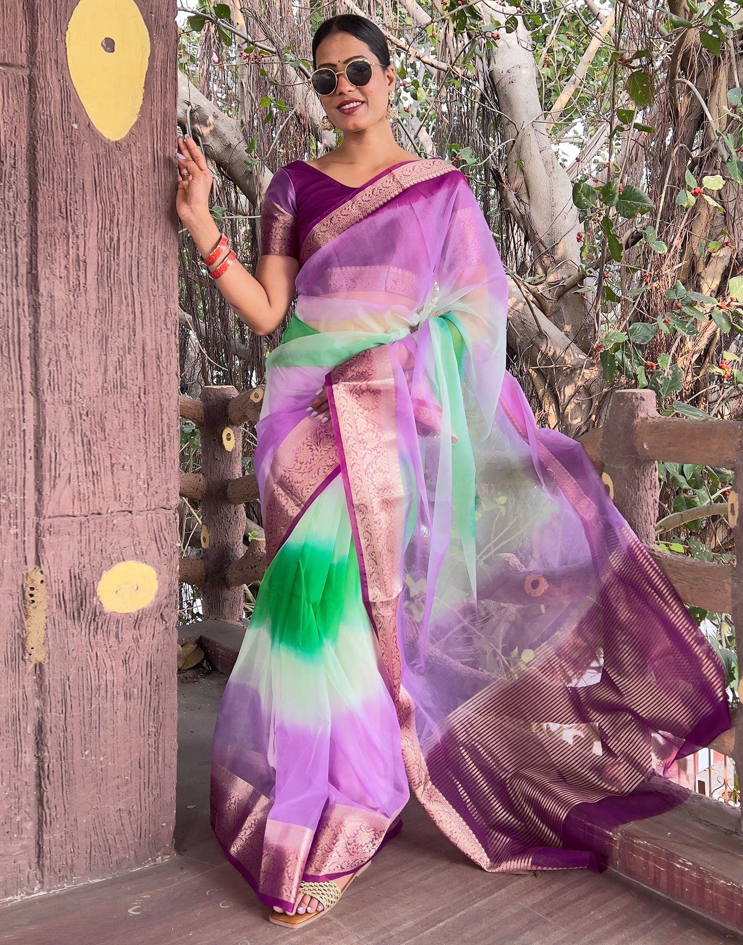 Dark Purple Plain Organza Saree