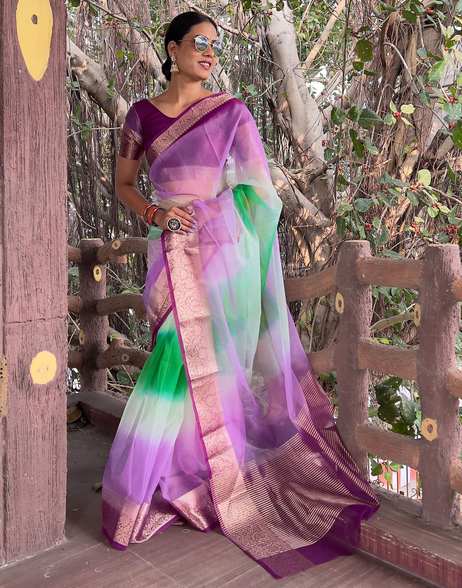 Dark Purple Plain Organza Saree