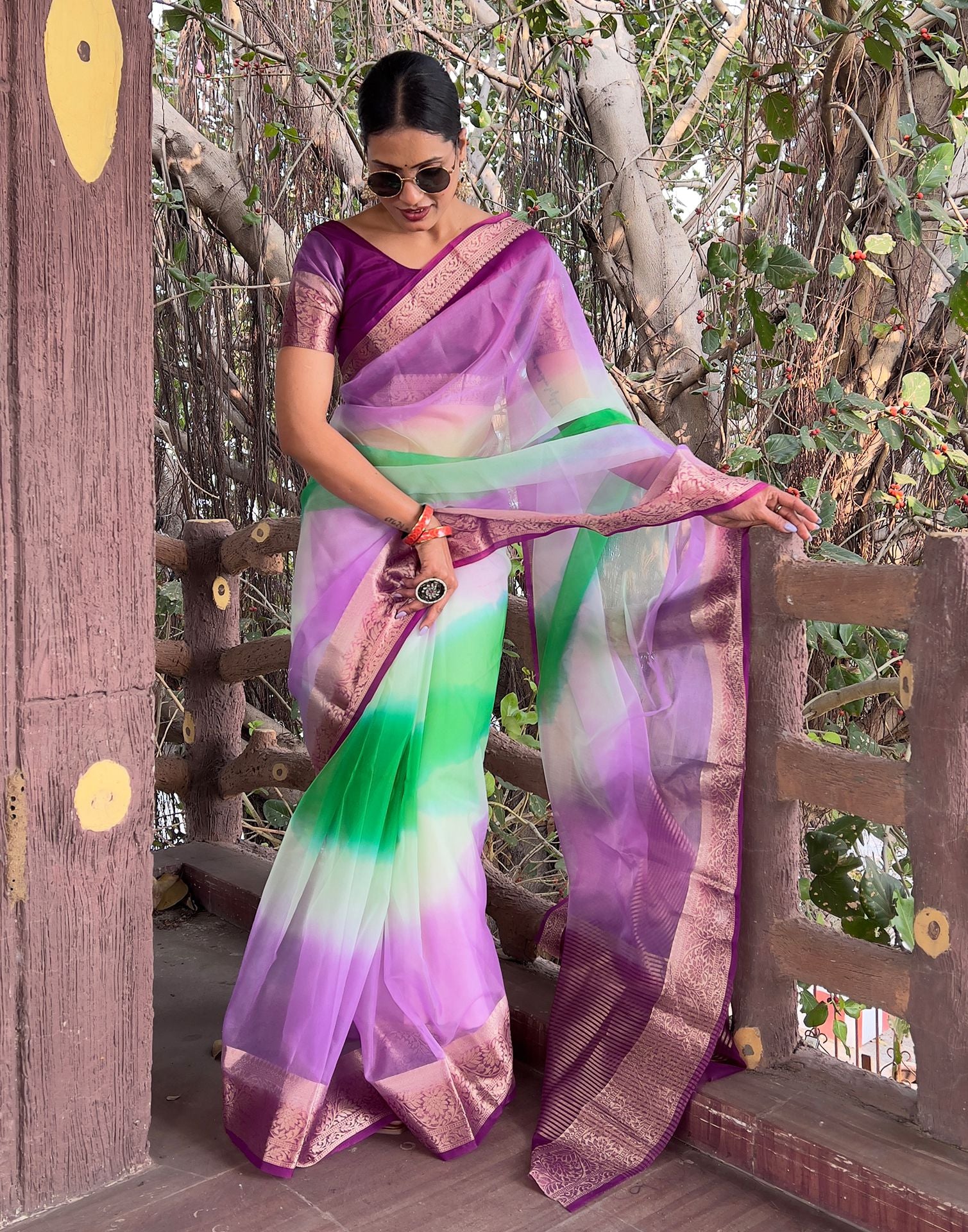 Dark Purple Plain Organza Saree