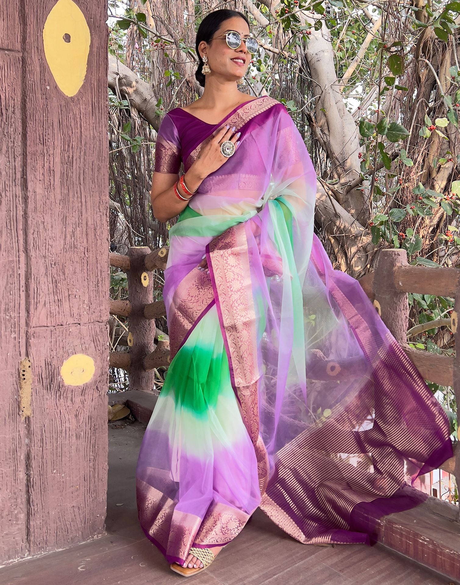 Dark Purple Plain Organza Saree