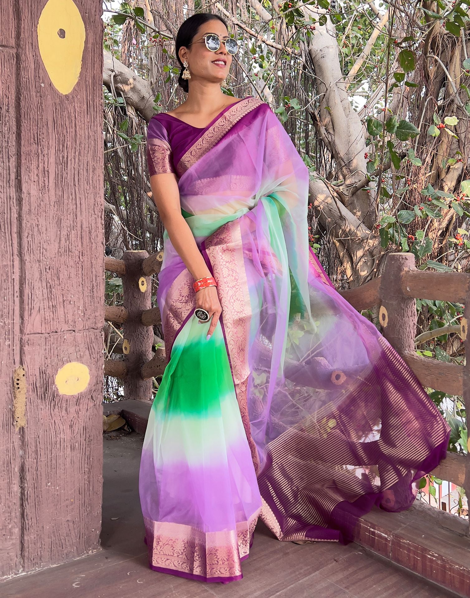 Dark Purple Plain Organza Saree