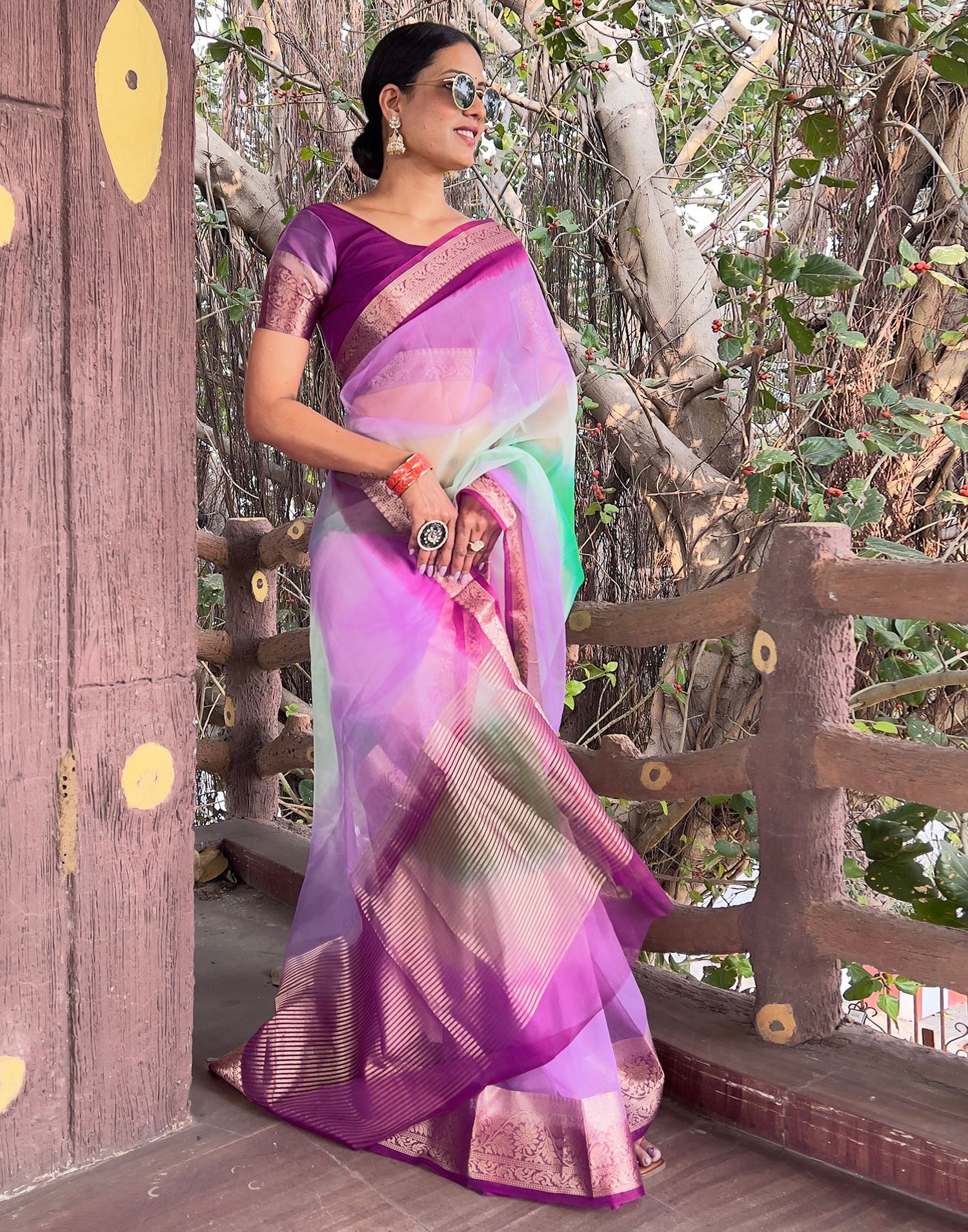 Dark Purple Plain Organza Saree